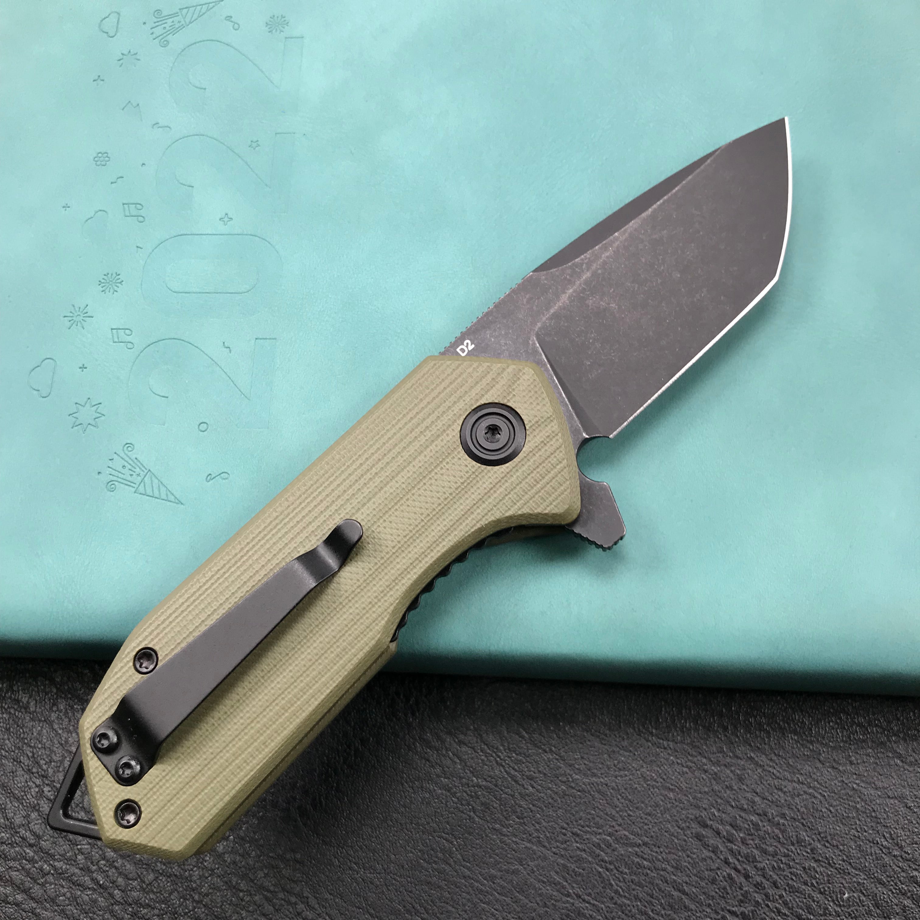 KUBEY KU203H Chubby Liner Lock EDC Flipper Knife OD Green G10 Handle 2.36" Dark Stonewahsed D2