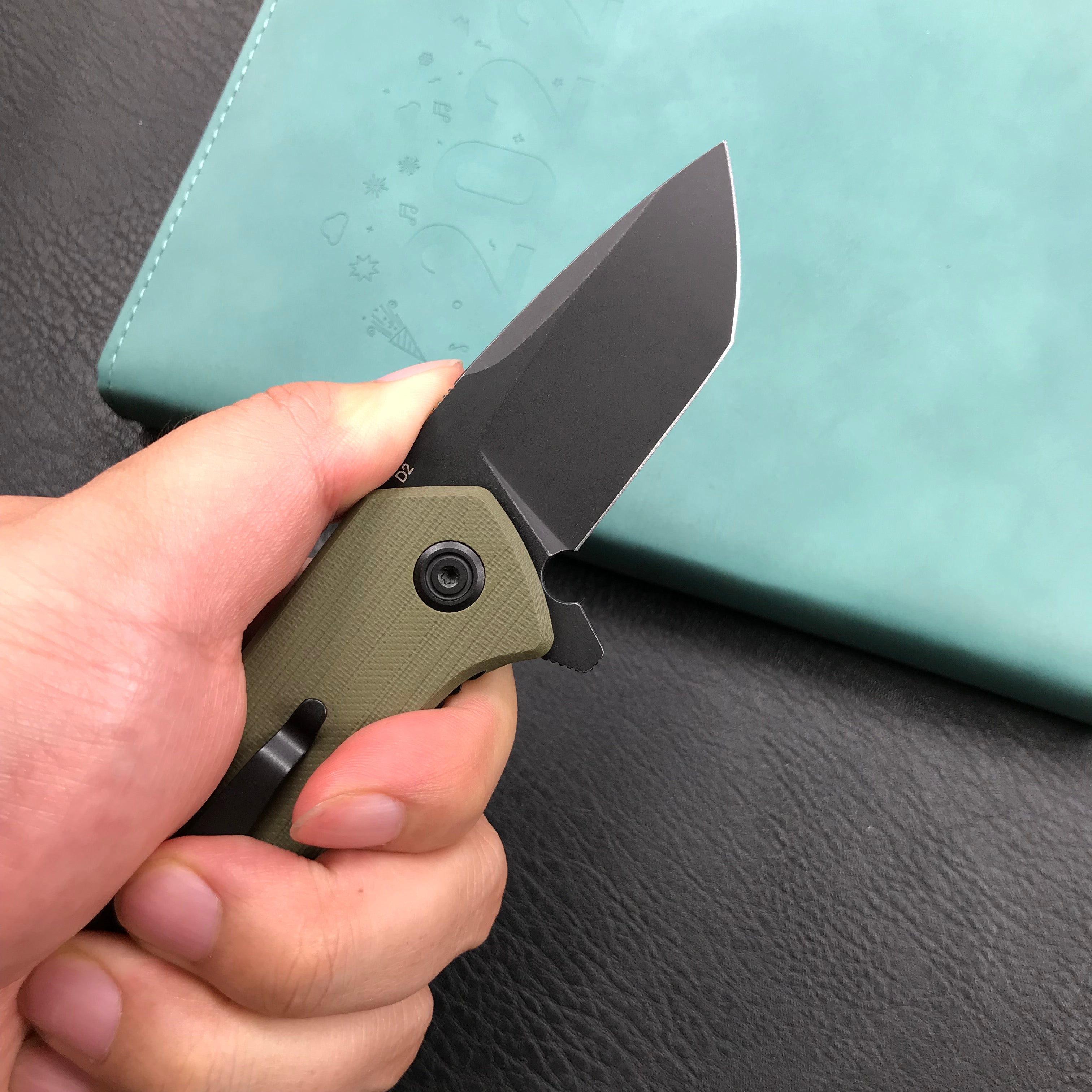 KUBEY KU203H Chubby Liner Lock EDC Flipper Knife OD Green G10 Handle 2.36" Dark Stonewahsed D2