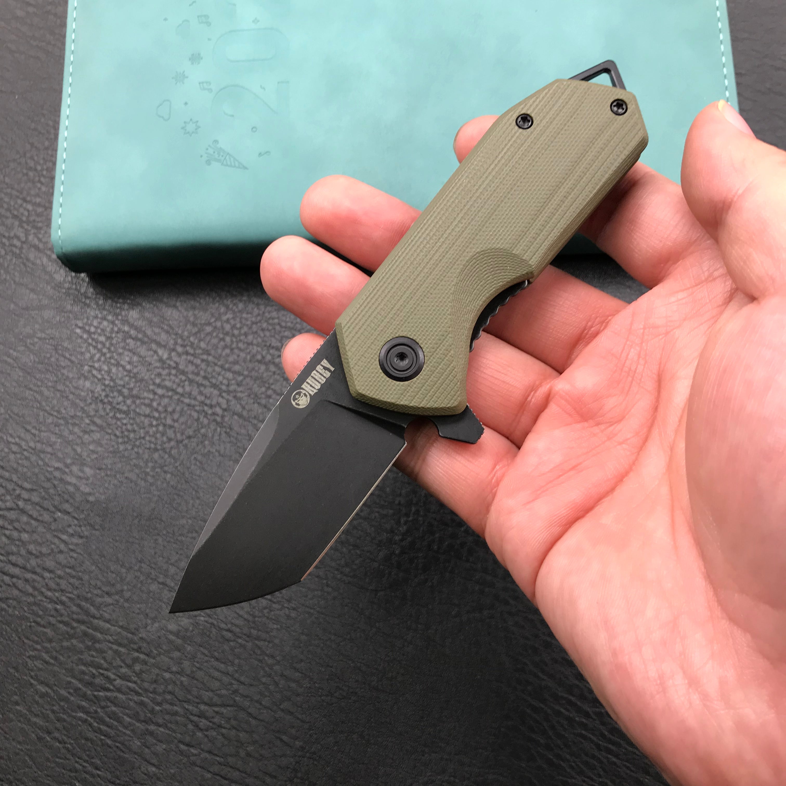 KUBEY KU203H Chubby Liner Lock EDC Flipper Knife OD Green G10 Handle 2.36" Dark Stonewahsed D2