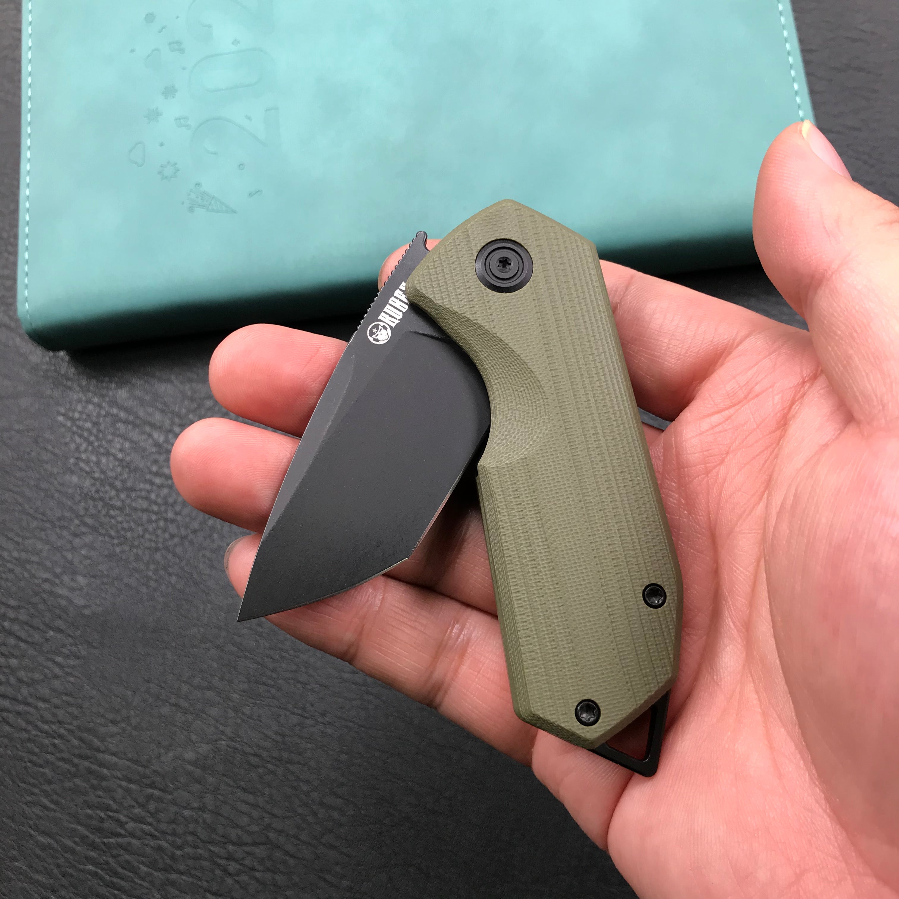 KUBEY KU203H Chubby Liner Lock EDC Flipper Knife OD Green G10 Handle 2.36" Dark Stonewahsed D2