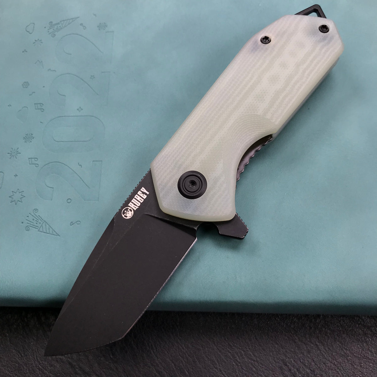 KUBEY KU203I Chubby Liner Lock EDC Flipper Knife Jade G10 Handle 2.36" Dark Stonewahsed D2