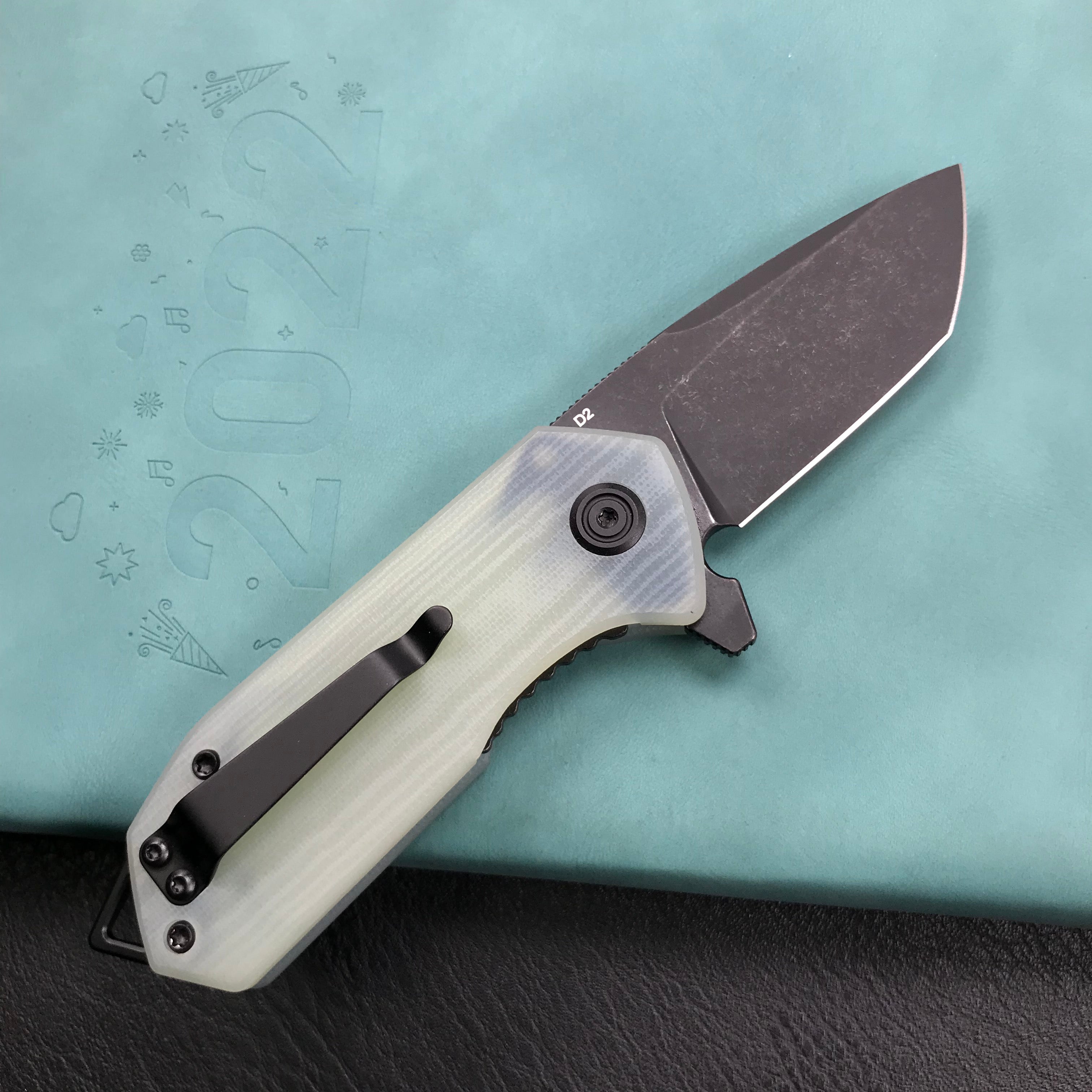 KUBEY KU203I Chubby Liner Lock EDC Flipper Knife Jade G10 Handle 2.36" Dark Stonewahsed D2