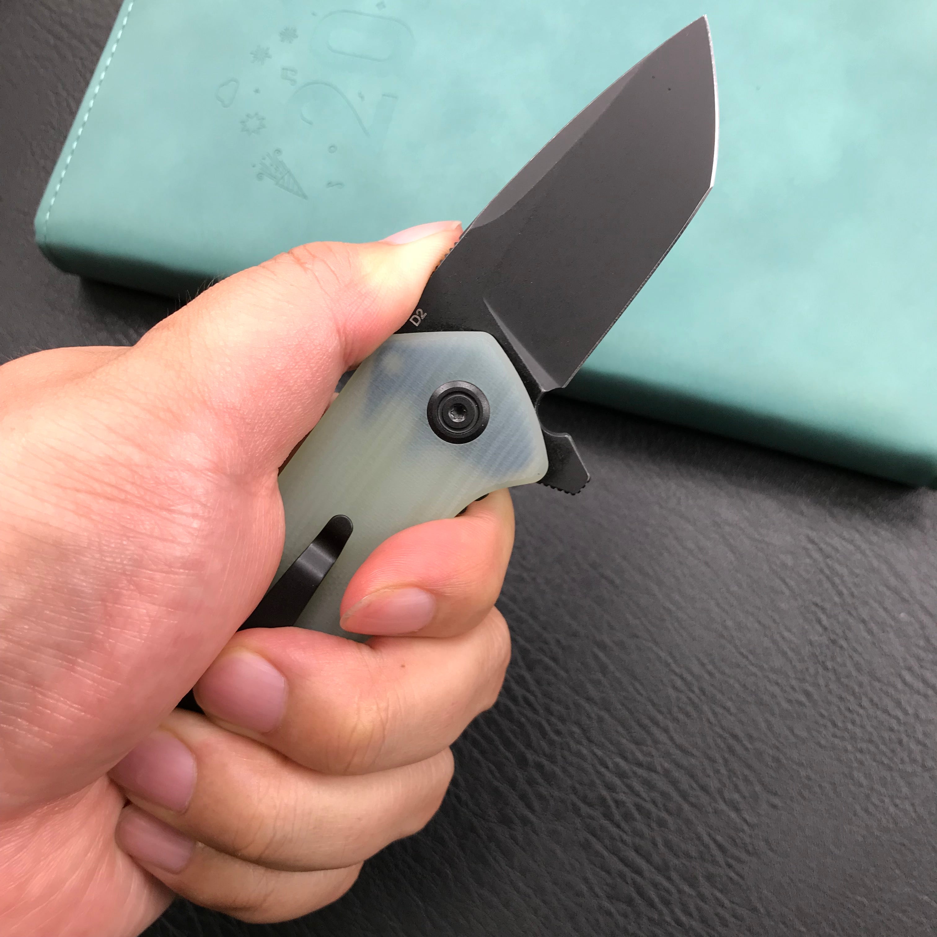 KUBEY KU203I Chubby Liner Lock EDC Flipper Knife Jade G10 Handle 2.36" Dark Stonewahsed D2