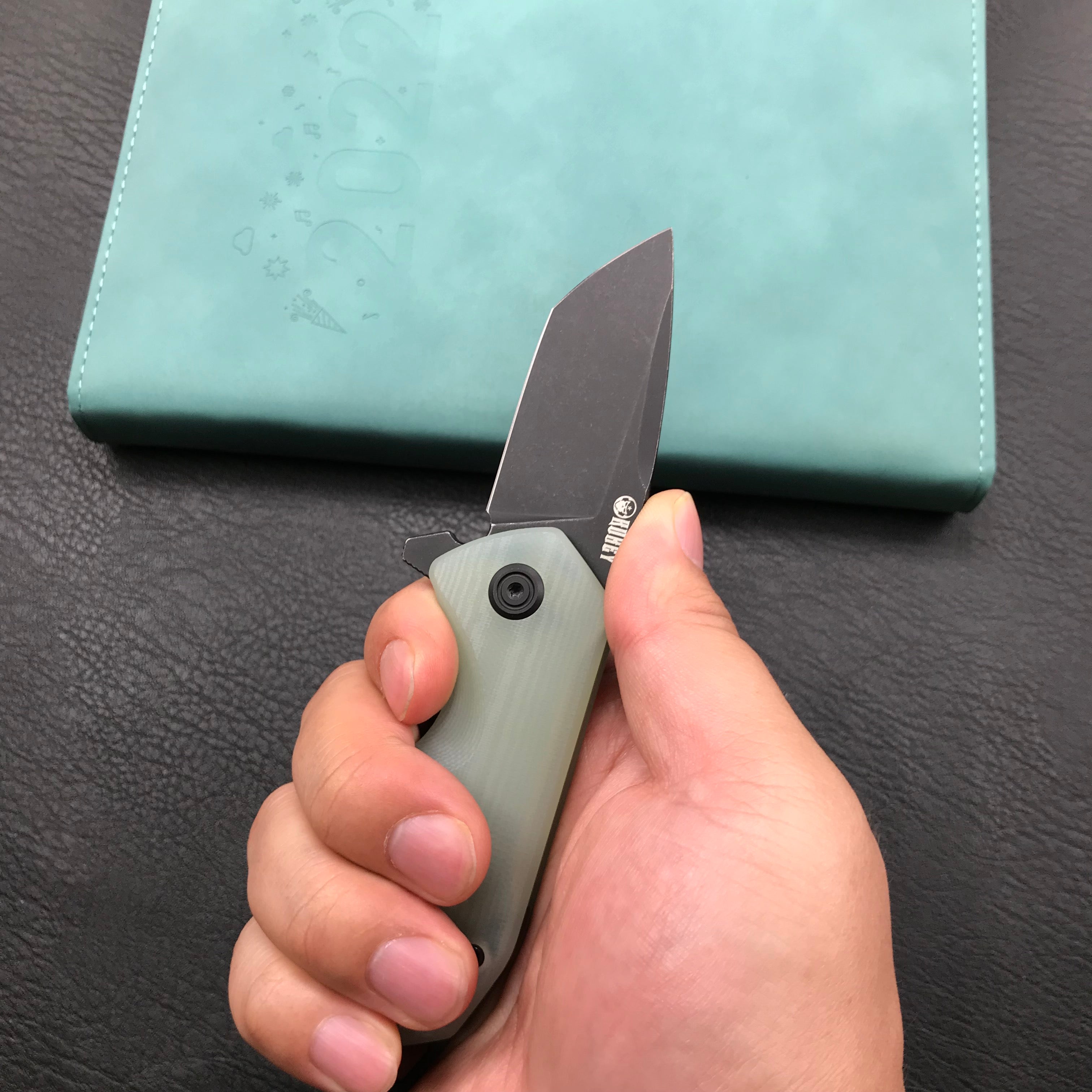 KUBEY KU203I Chubby Liner Lock EDC Flipper Knife Jade G10 Handle 2.36" Dark Stonewahsed D2