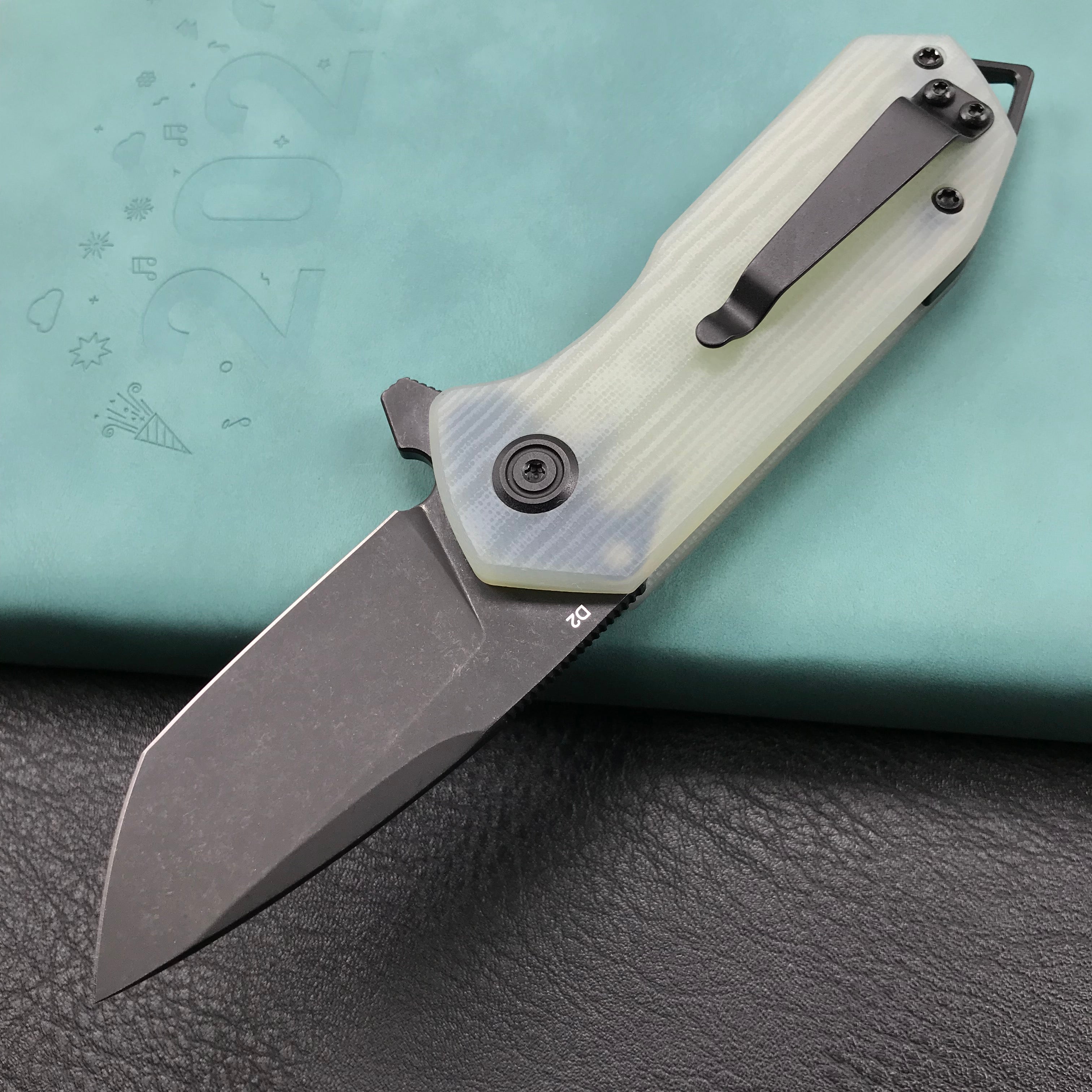 KUBEY KU203I Chubby Liner Lock EDC Flipper Knife Jade G10 Handle 2.36" Dark Stonewahsed D2