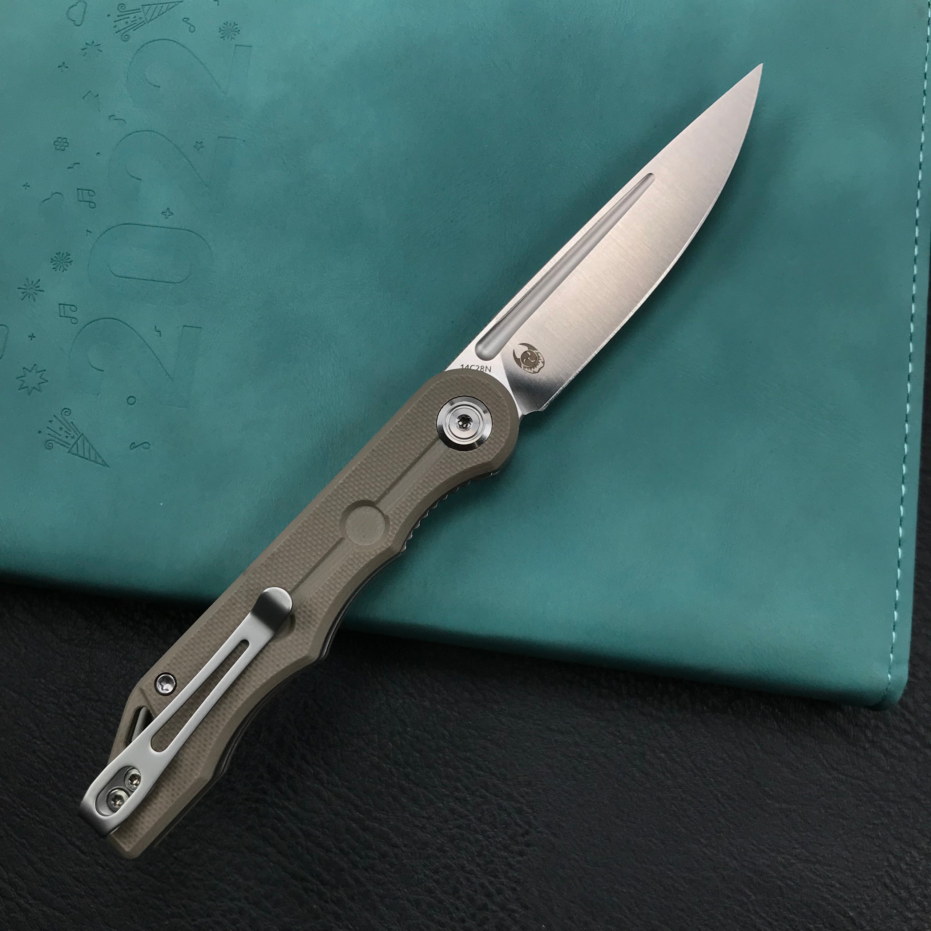 KUBEY KU2101E Mizo Liner Lock Front Flipper Folding Knife Tan G10 Handle 3.15" Satin 14C28N