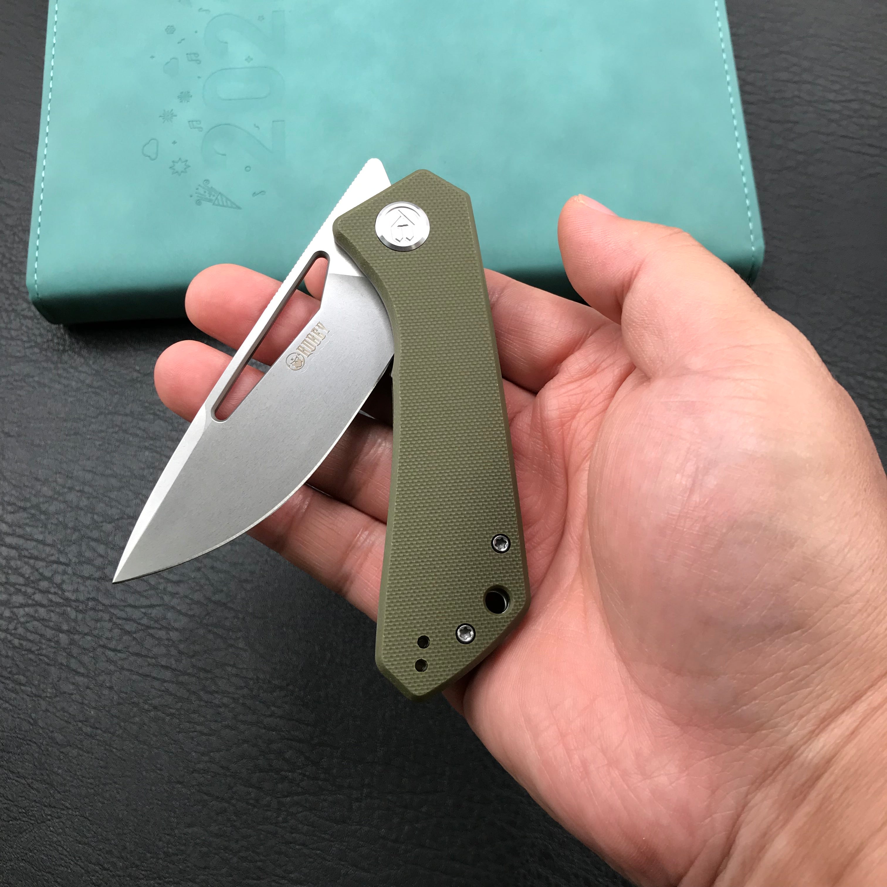 KUBEY KU331D Front Flipper EDC Pocket Folding Knife green  G10 Handle 3.27"  Blasted Stonewashed  D2