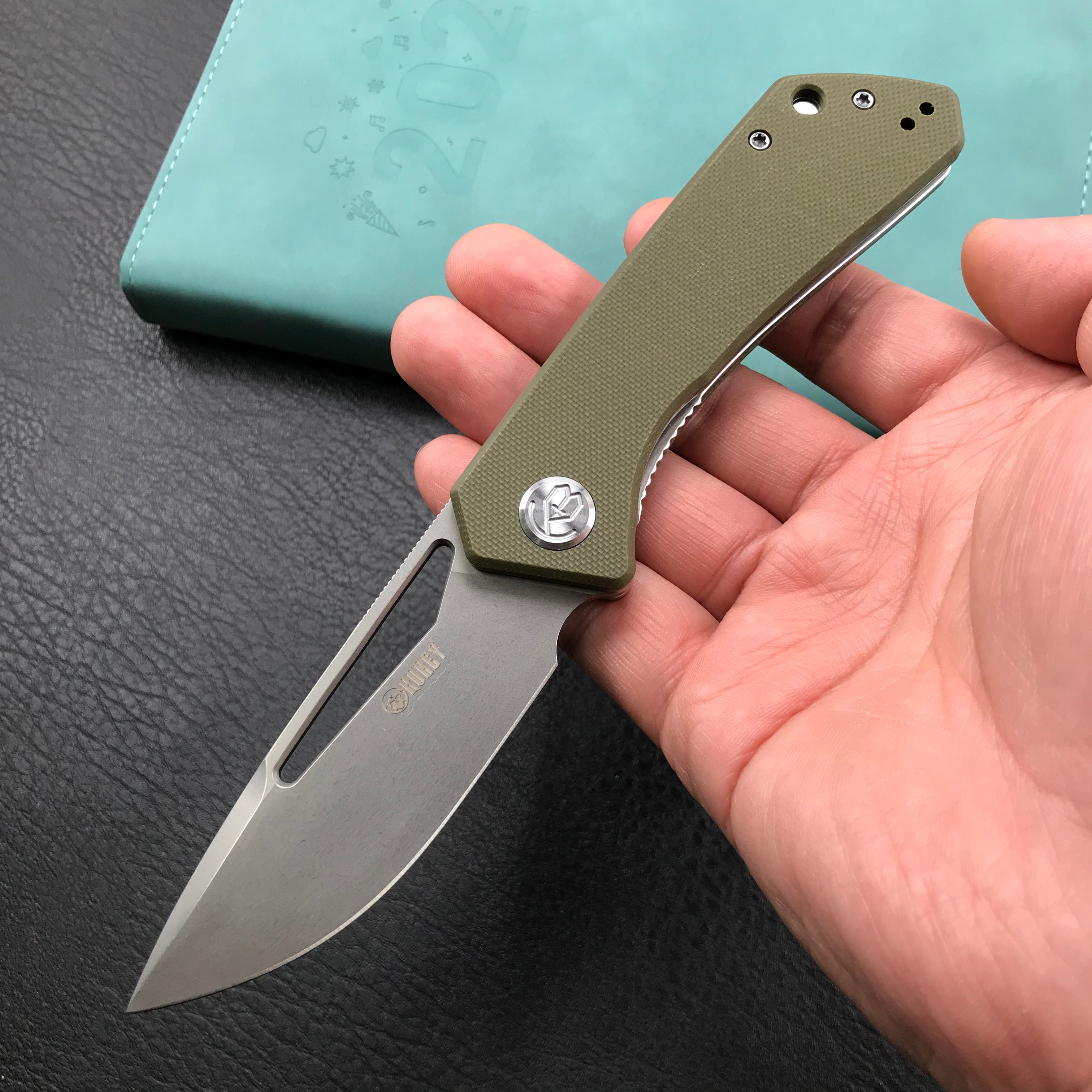 KUBEY KU331D Front Flipper EDC Pocket Folding Knife green  G10 Handle 3.27"  Blasted Stonewashed  D2