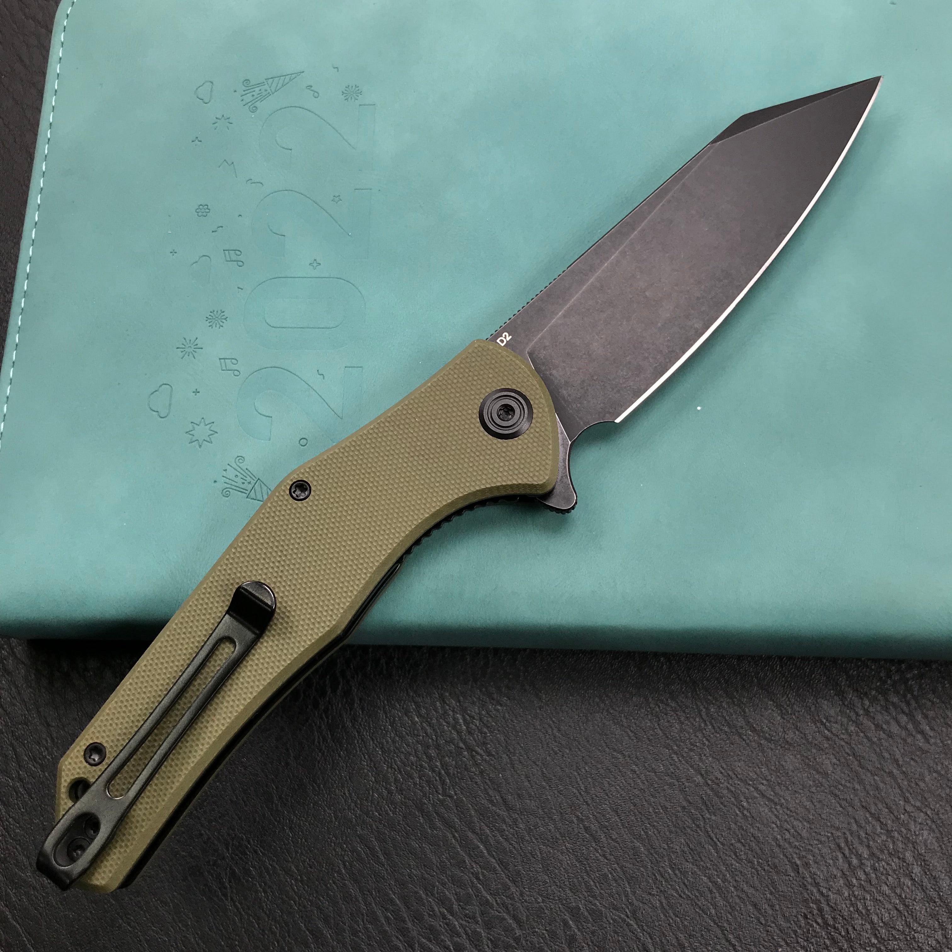 KUBEY KU158B Liner Lock Flipper Folding Knife Green G10 Handle 3.82" Black Titanium Coated D2