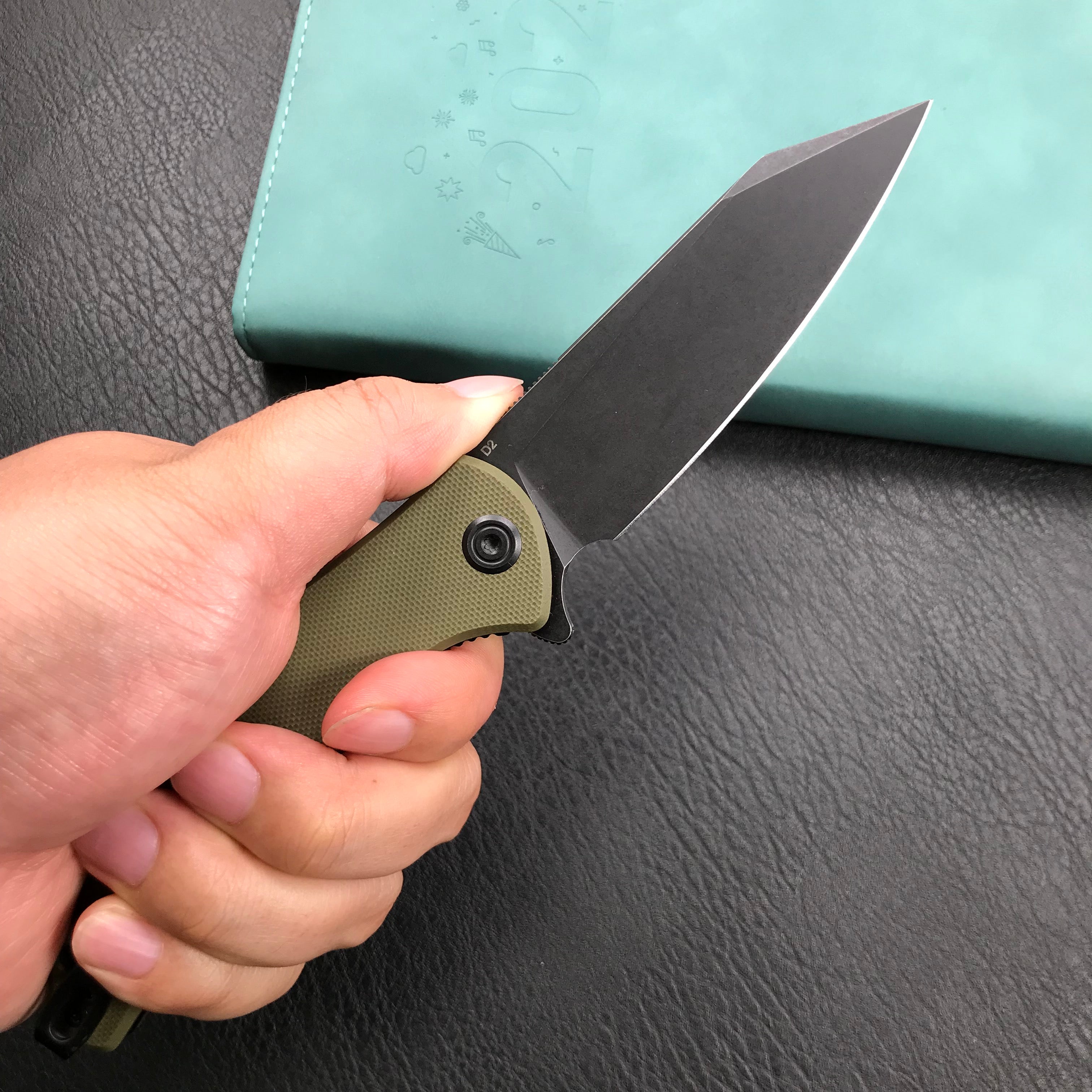 KUBEY KU158B Liner Lock Flipper Folding Knife Green G10 Handle 3.82" Black Titanium Coated D2