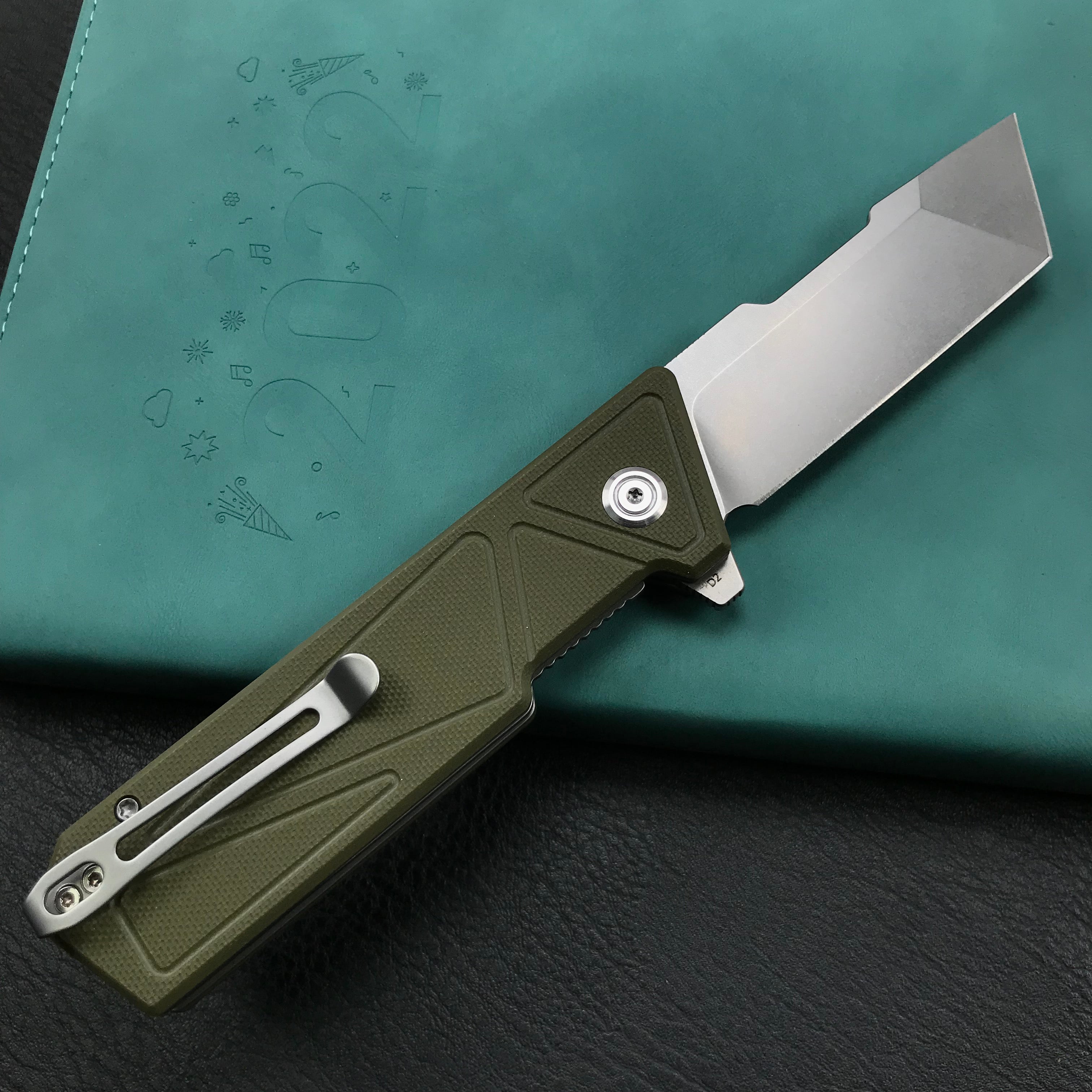 KUBEY KU104B Avenger Outdoor Edc Folding Pocket Knife Green G10 Handle 3.07" Blasted Stonewashed D2