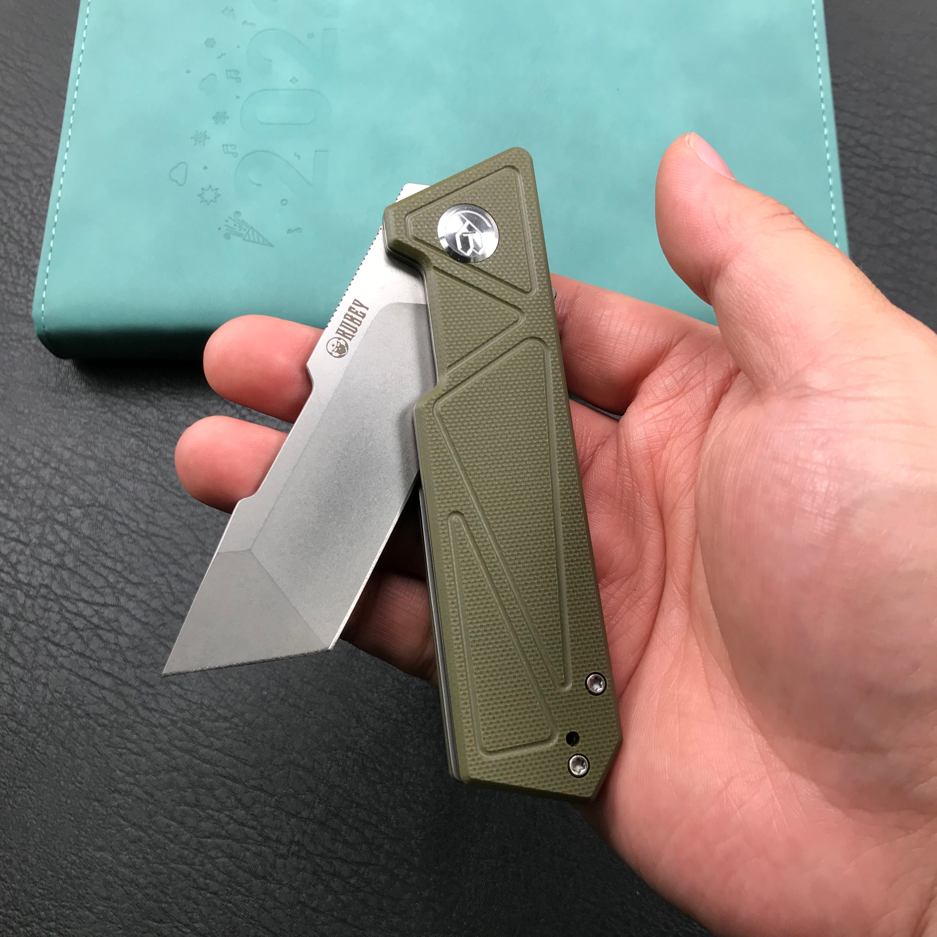 KUBEY KU104B Avenger Outdoor Edc Folding Pocket Knife Green G10 Handle 3.07" Blasted Stonewashed D2