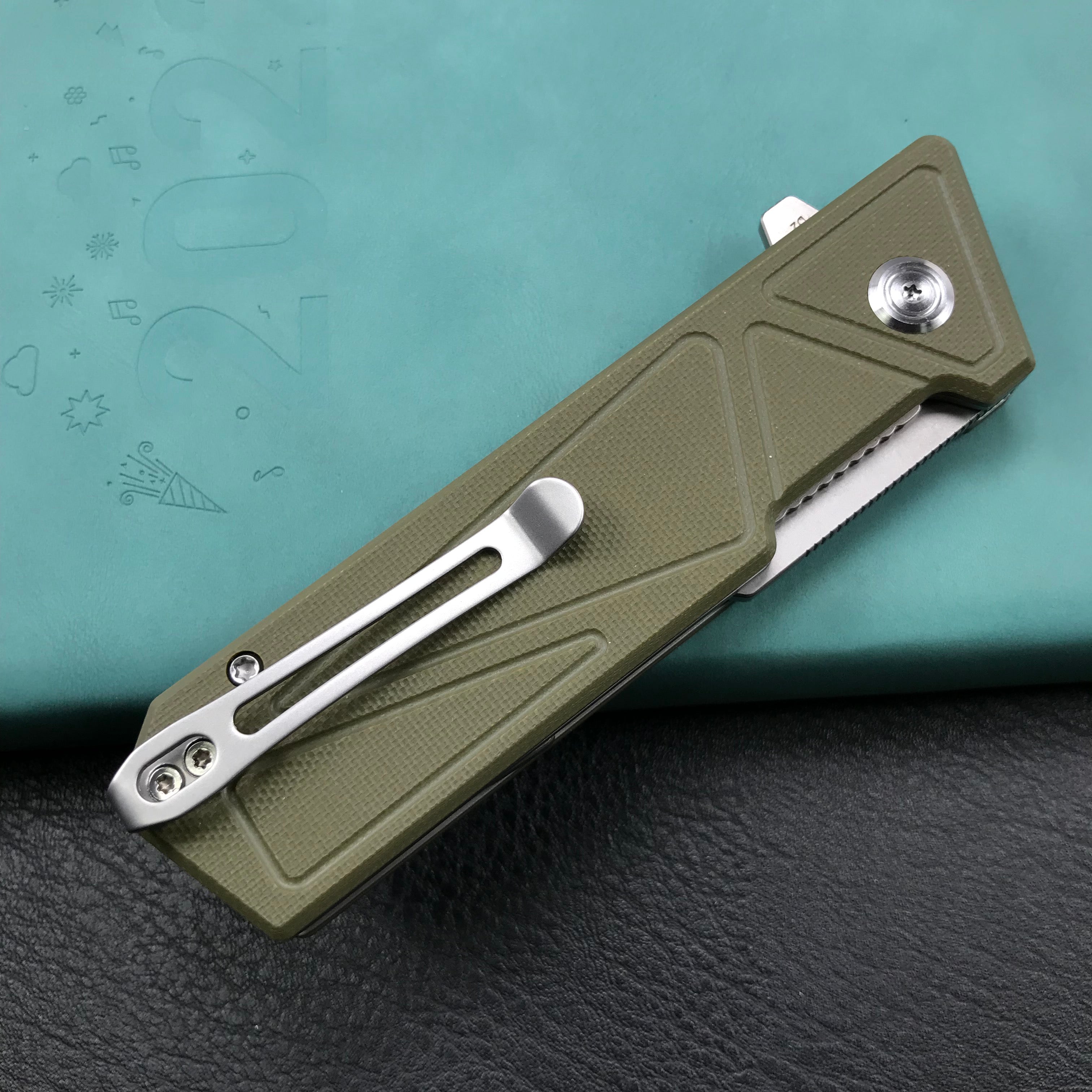 KUBEY KU104B Avenger Outdoor Edc Folding Pocket Knife Green G10 Handle 3.07" Blasted Stonewashed D2