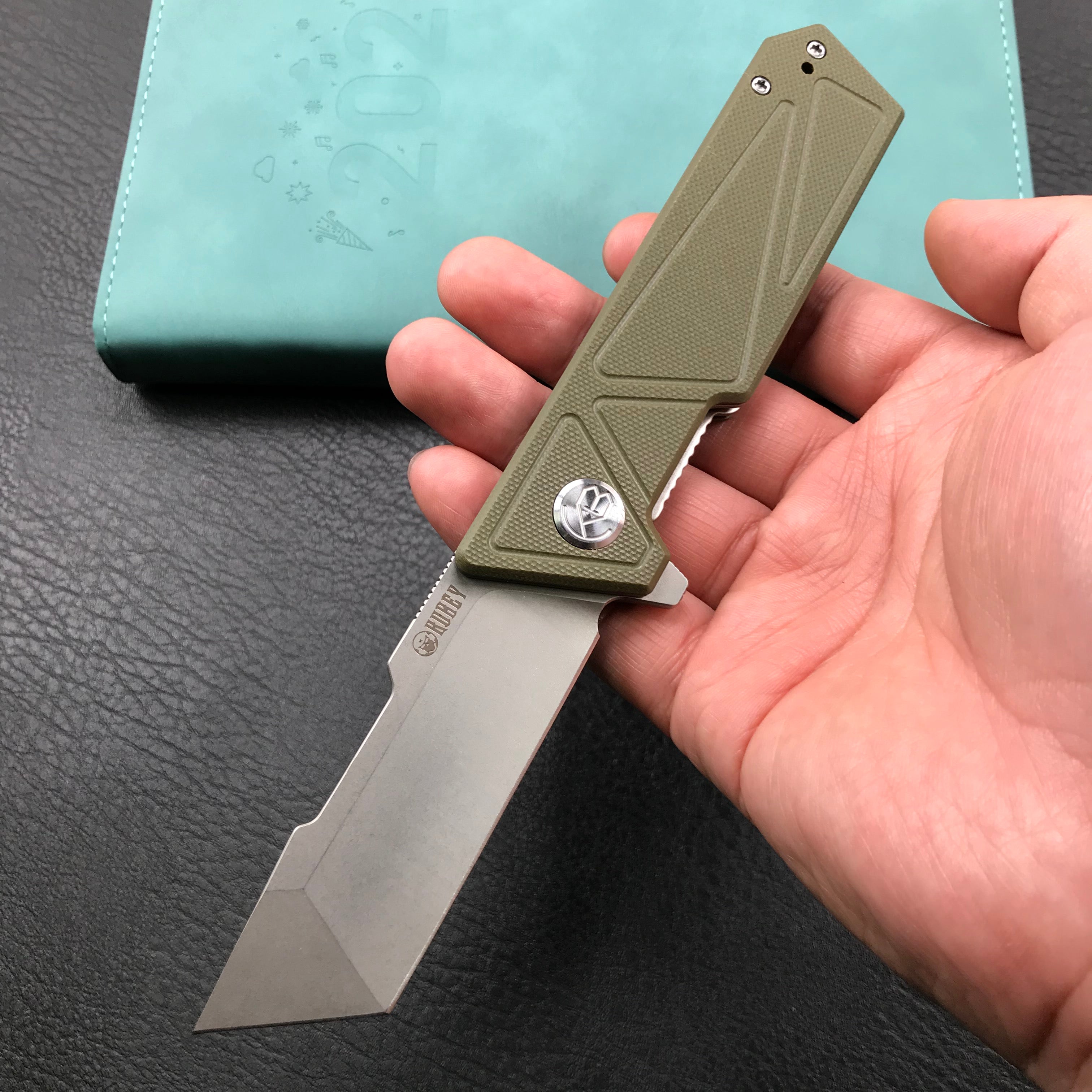 KUBEY KU104B Avenger Outdoor Edc Folding Pocket Knife Green G10 Handle 3.07" Blasted Stonewashed D2