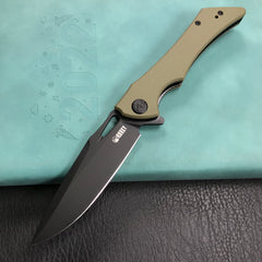 KUBEY KB245I Raven Liner Lock Flipper Knife Green G10 Handle 3.5" Dark Stonewashed AUS-10