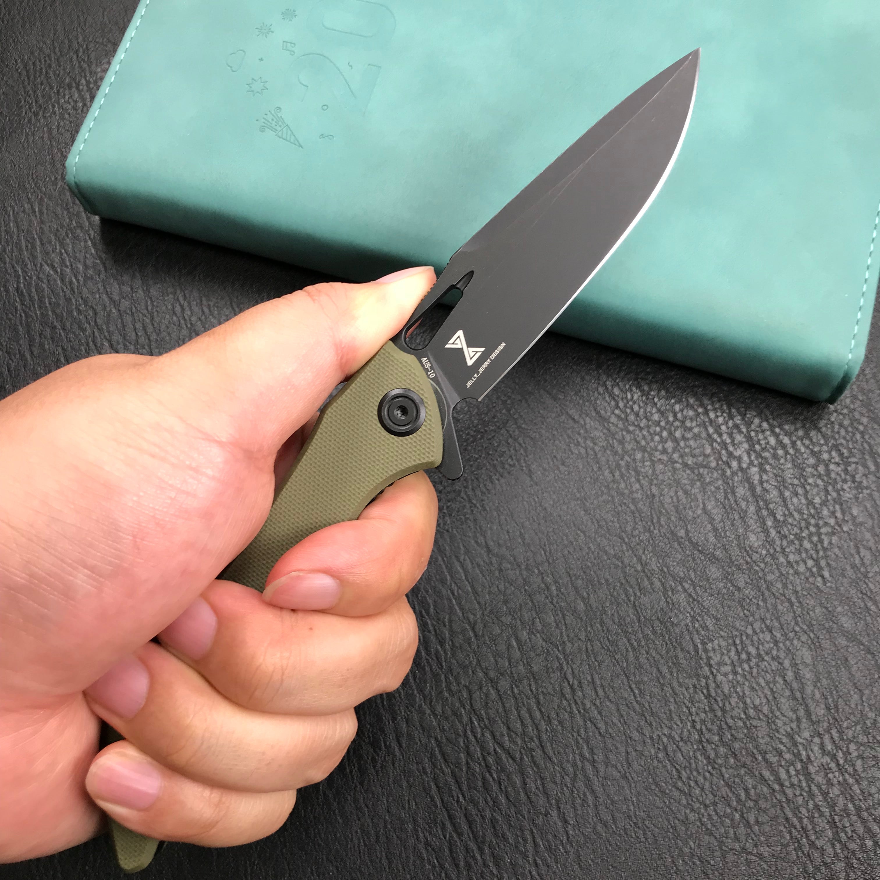 KUBEY KB245I Raven Liner Lock Flipper Knife Green G10 Handle 3.5" Dark Stonewashed AUS-10