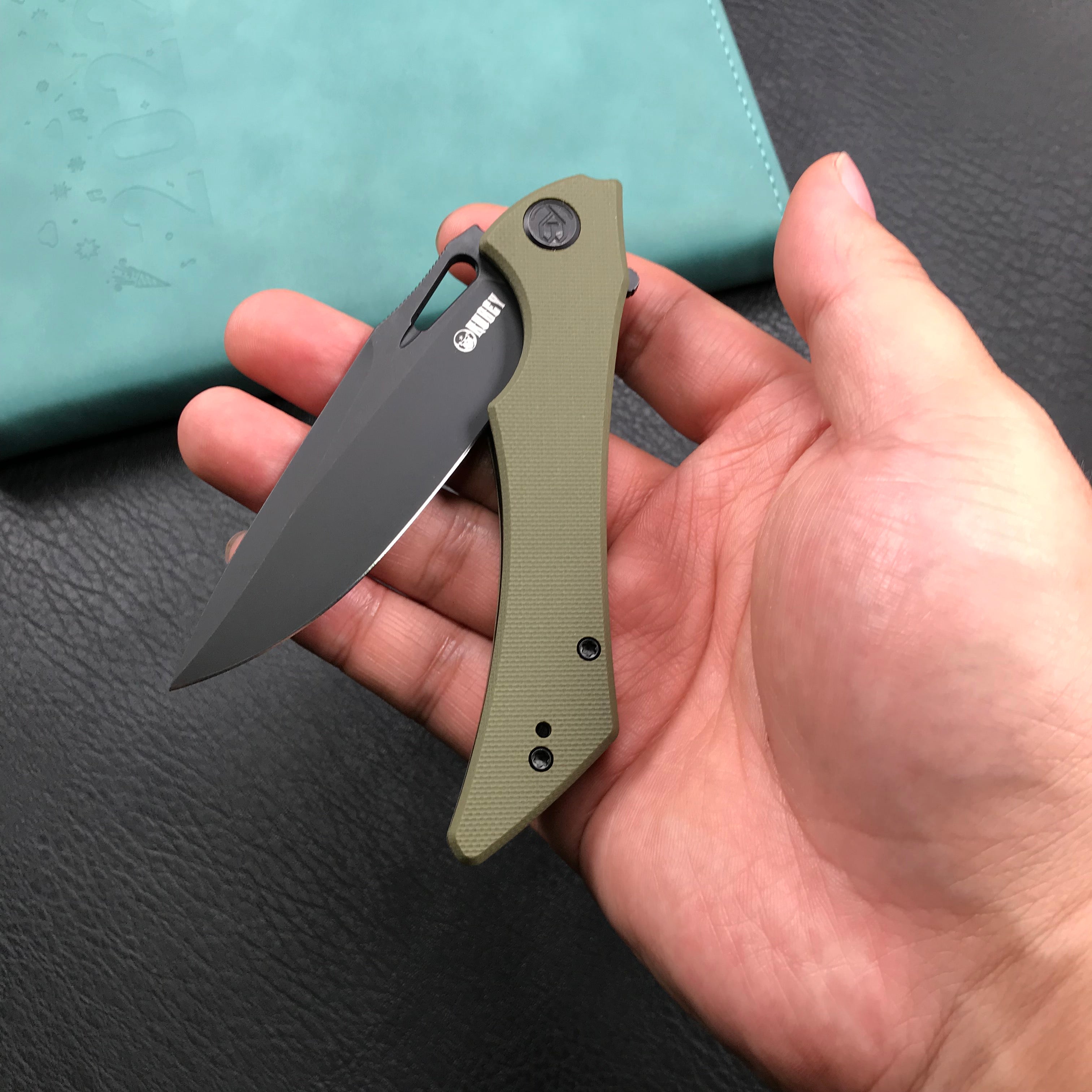 KUBEY KB245I Raven Liner Lock Flipper Knife Green G10 Handle 3.5" Dark Stonewashed AUS-10