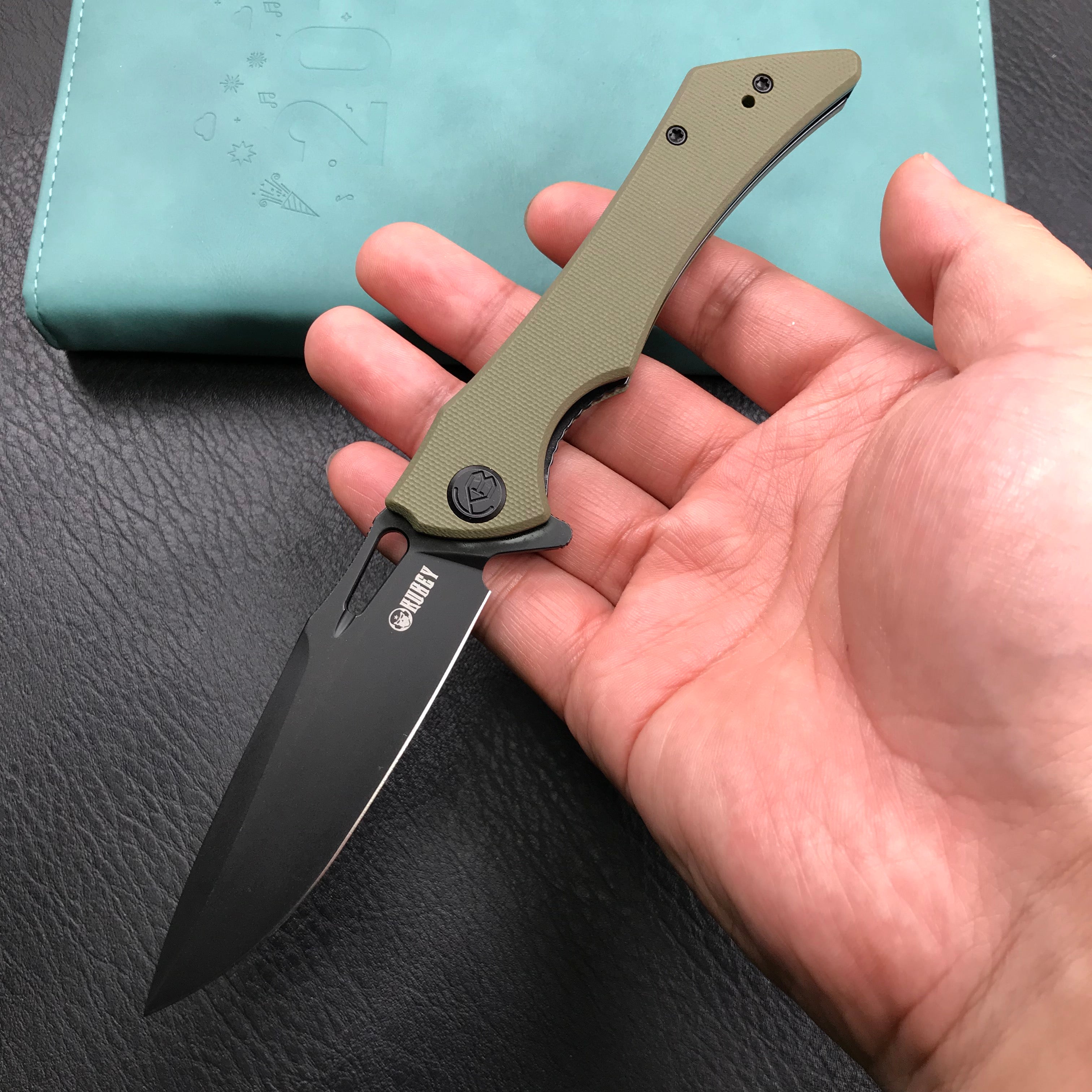 KUBEY KB245I Raven Liner Lock Flipper Knife Green G10 Handle 3.5" Dark Stonewashed AUS-10