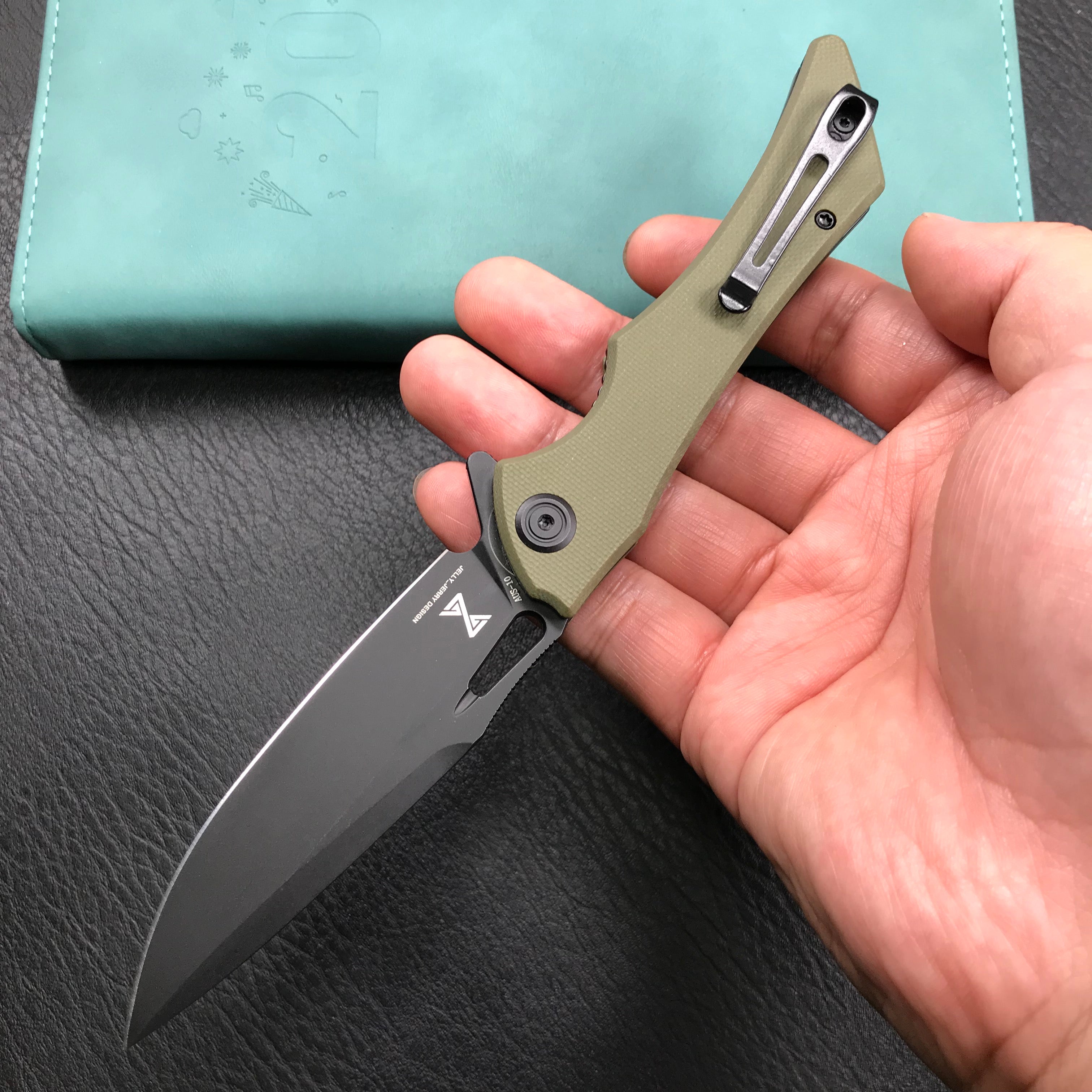 KUBEY KB245I Raven Liner Lock Flipper Knife Green G10 Handle 3.5" Dark Stonewashed AUS-10