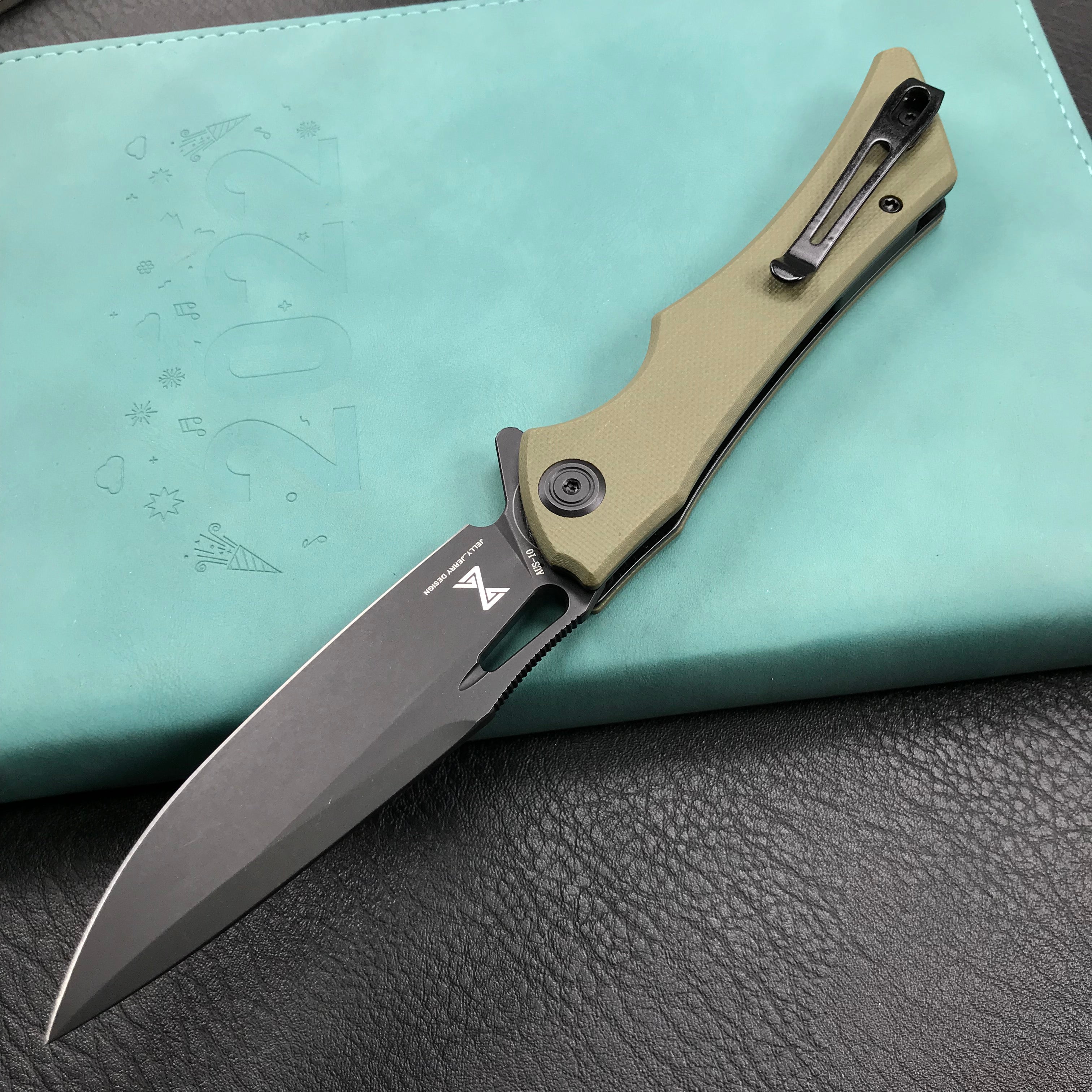 KUBEY KB245I Raven Liner Lock Flipper Knife Green G10 Handle 3.5" Dark Stonewashed AUS-10