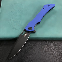 KUBEY KB245H Raven Liner Lock Flipper Knife Blue G10 Handle 3.5" Dark Stonewashed AUS-10