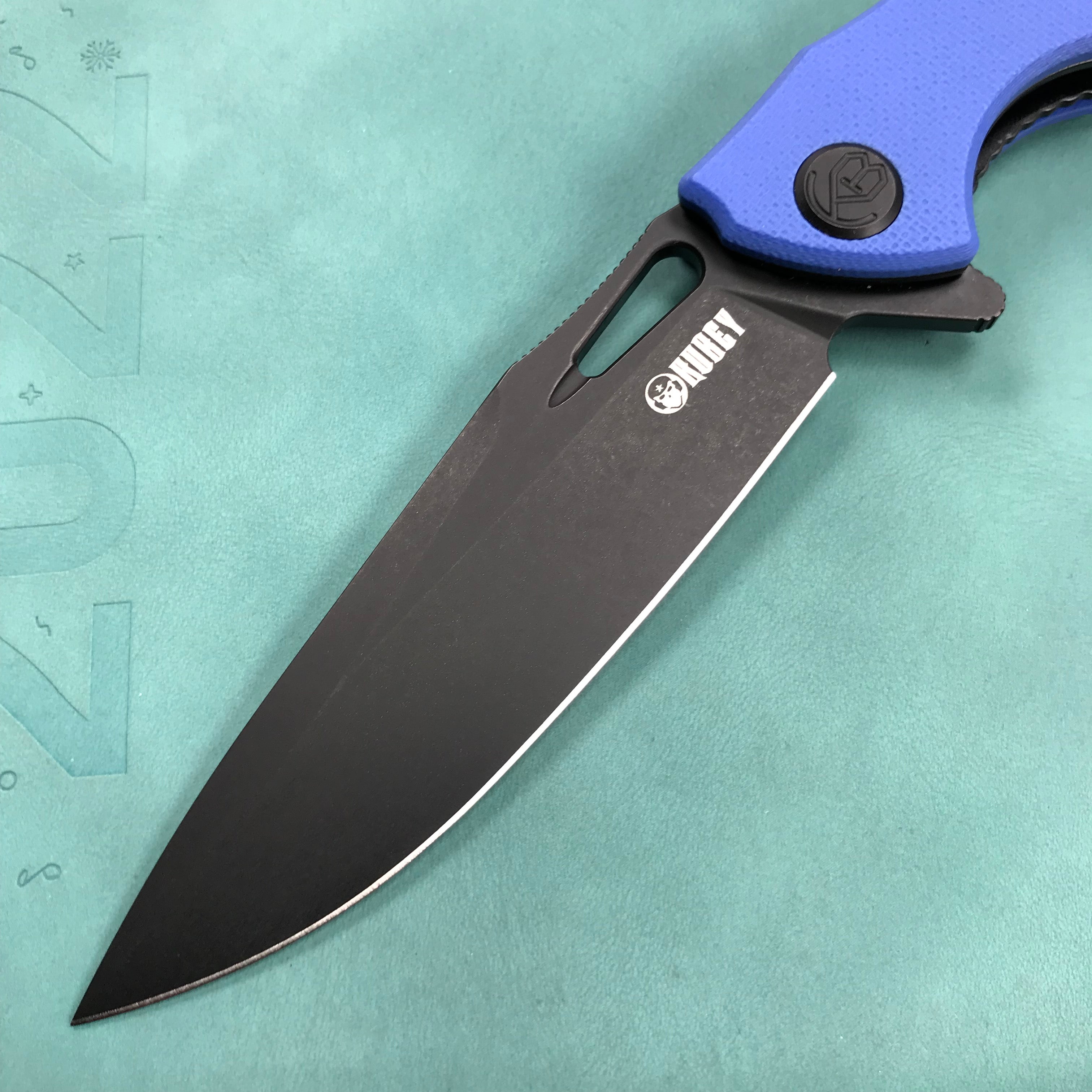 KUBEY KB245H Raven Liner Lock Flipper Knife Blue G10 Handle 3.5" Dark Stonewashed AUS-10