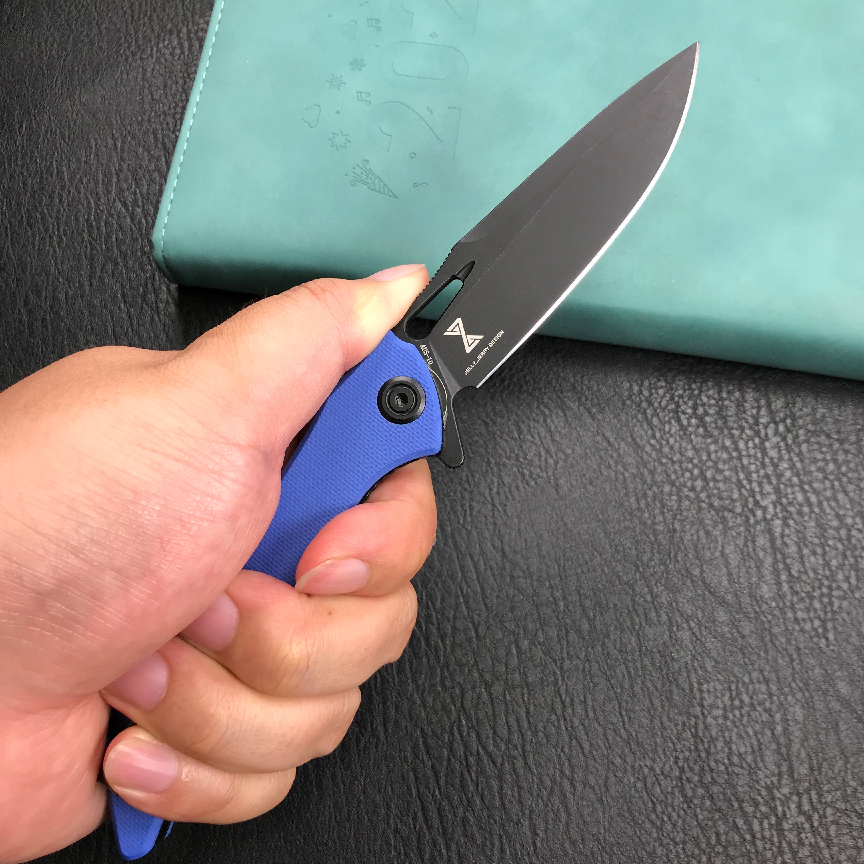 KUBEY KB245H Raven Liner Lock Flipper Knife Blue G10 Handle 3.5" Dark Stonewashed AUS-10