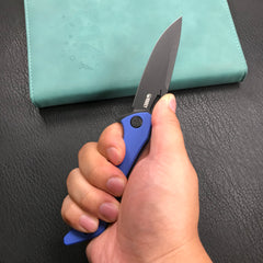 KUBEY KB245H Raven Liner Lock Flipper Knife Blue G10 Handle 3.5" Dark Stonewashed AUS-10