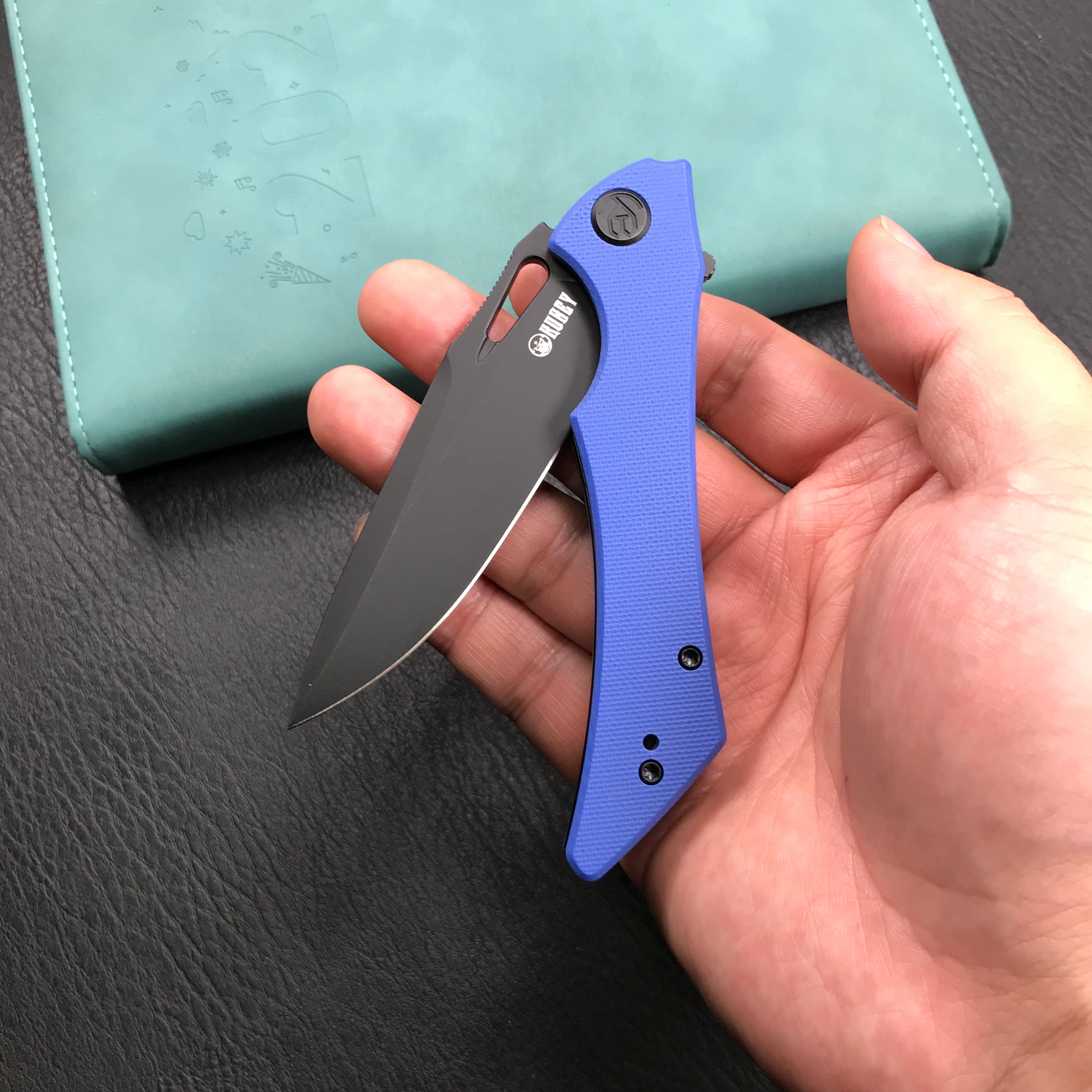 KUBEY KB245H Raven Liner Lock Flipper Knife Blue G10 Handle 3.5" Dark Stonewashed AUS-10