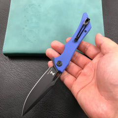 KUBEY KB245H Raven Liner Lock Flipper Knife Blue G10 Handle 3.5" Dark Stonewashed AUS-10