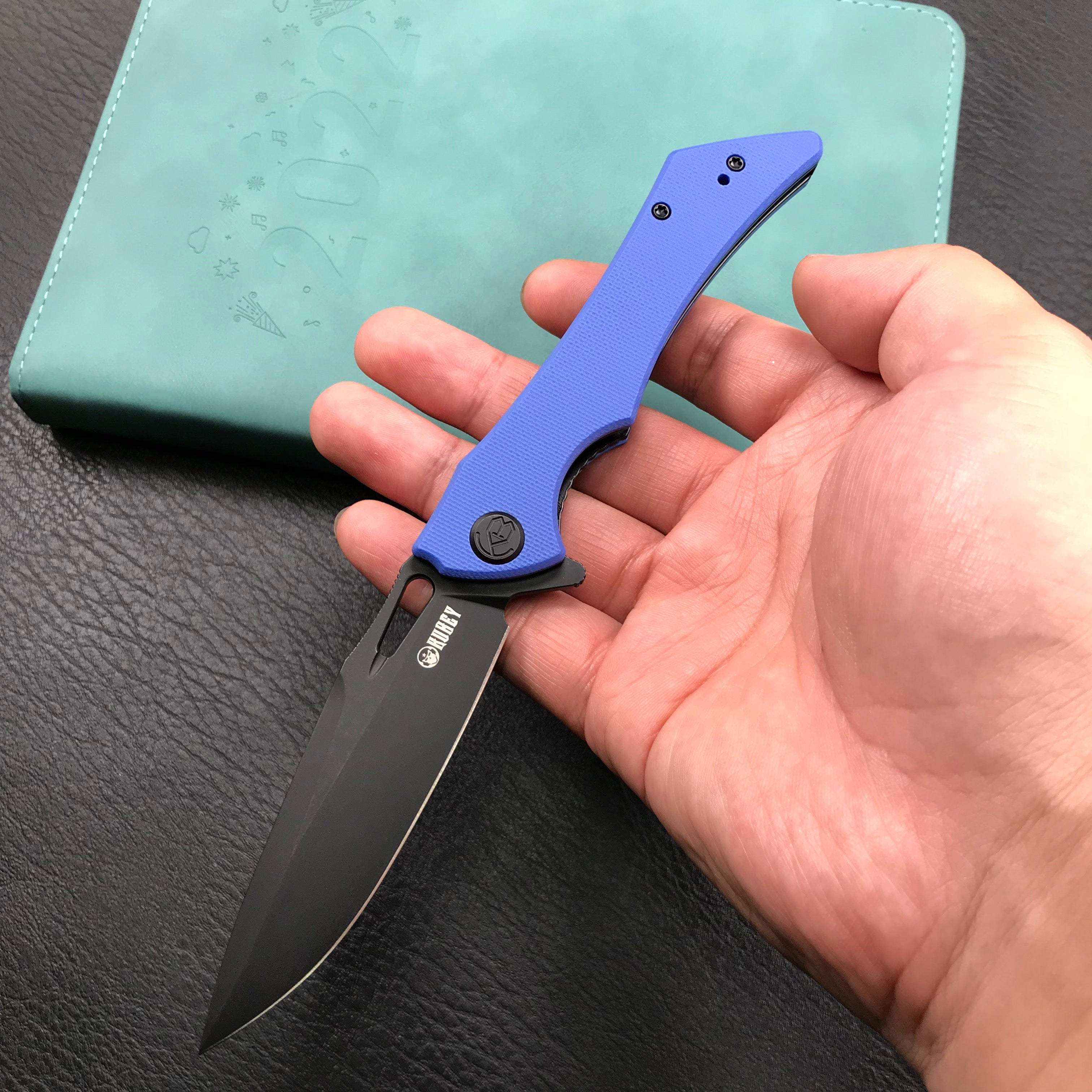 KUBEY KB245H Raven Liner Lock Flipper Knife Blue G10 Handle 3.5" Dark Stonewashed AUS-10