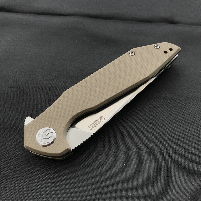 KUBEY KU117FNova Liner Lock Flipper Folding Pocket Knife Tan G10 Handle Satin D2