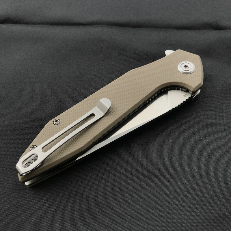 KUBEY KU117FNova Liner Lock Flipper Folding Pocket Knife Tan G10 Handle Satin D2