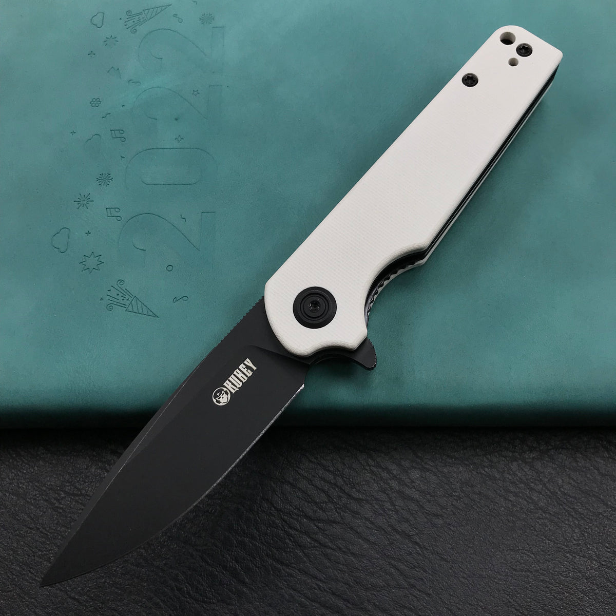 KUBEY KU233G EDC Wolverine Liner Lock Folding Pocket Knife White G10 Handle 2.95" Dark Stonewashed D2