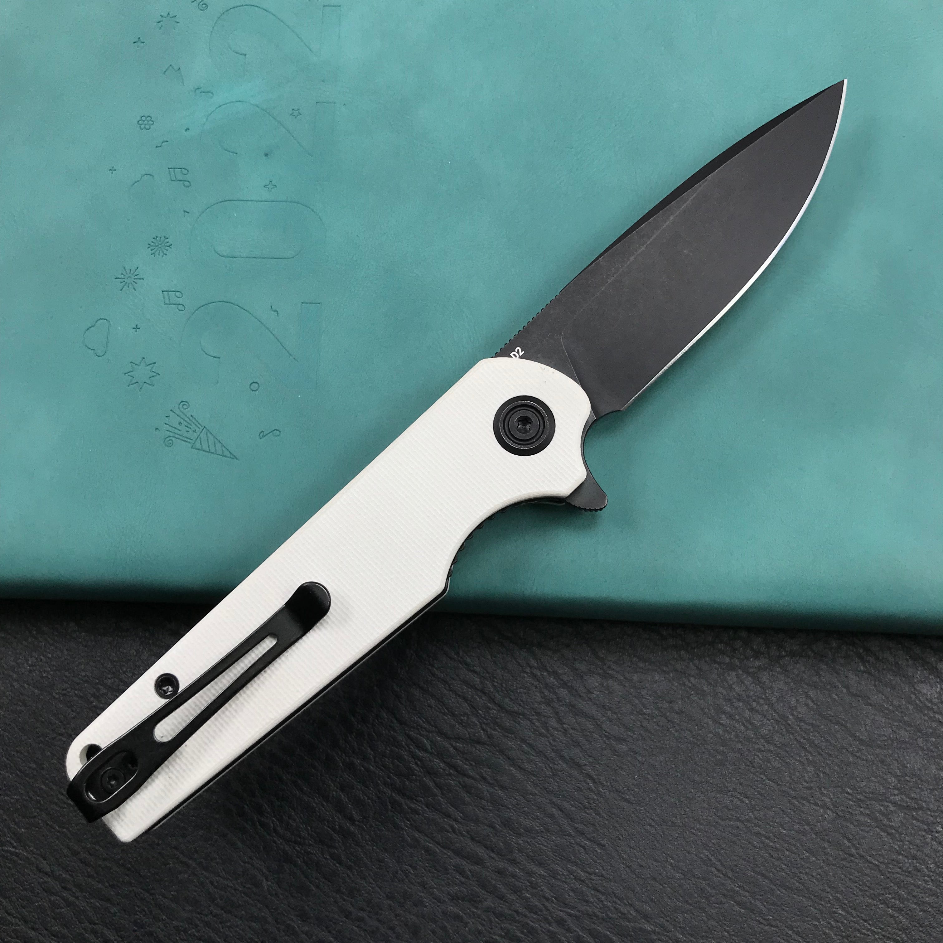 KUBEY KU233G EDC Wolverine Liner Lock Folding Pocket Knife White G10 Handle 2.95" Dark Stonewashed D2