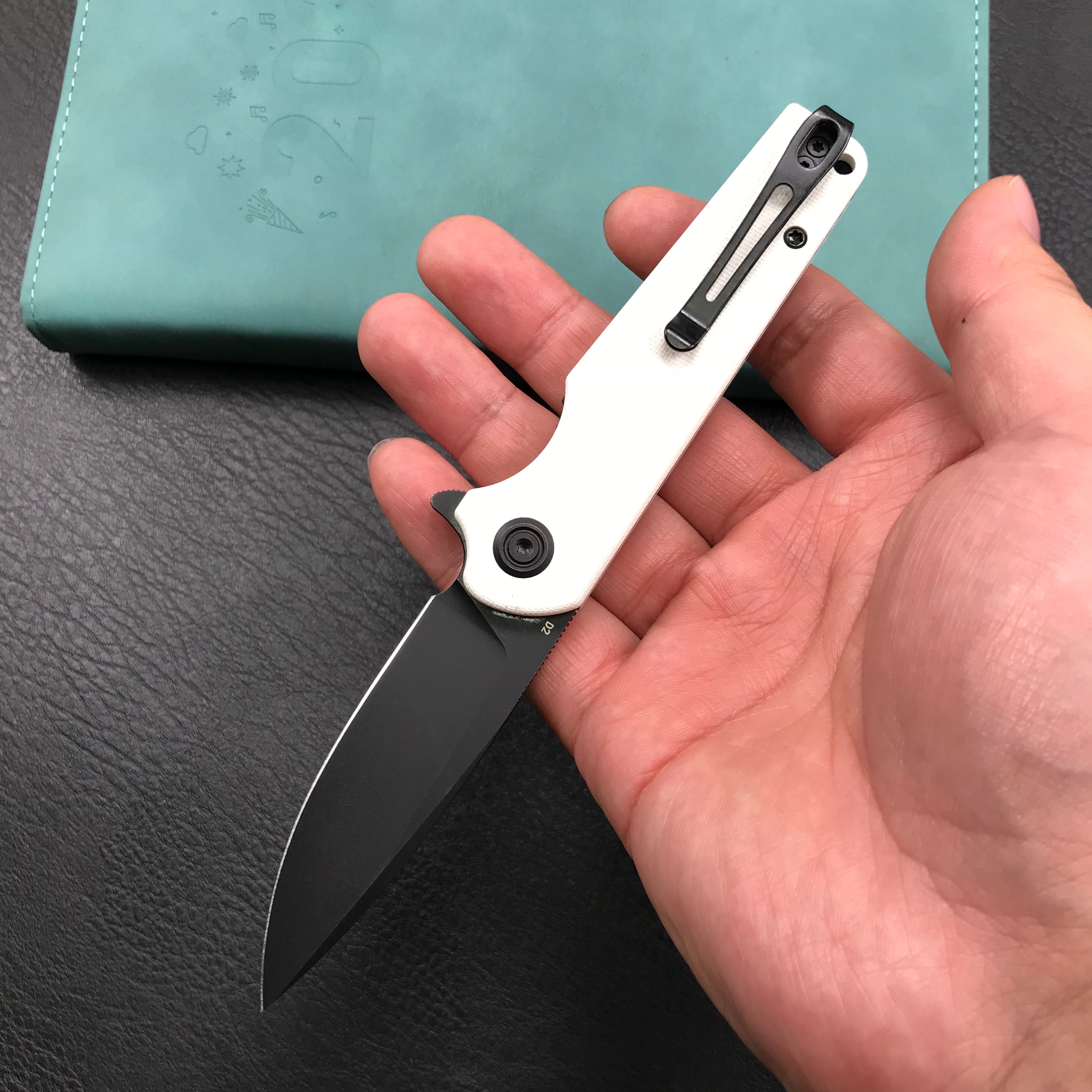 KUBEY KU233G EDC Wolverine Liner Lock Folding Pocket Knife White G10 Handle 2.95" Dark Stonewashed D2