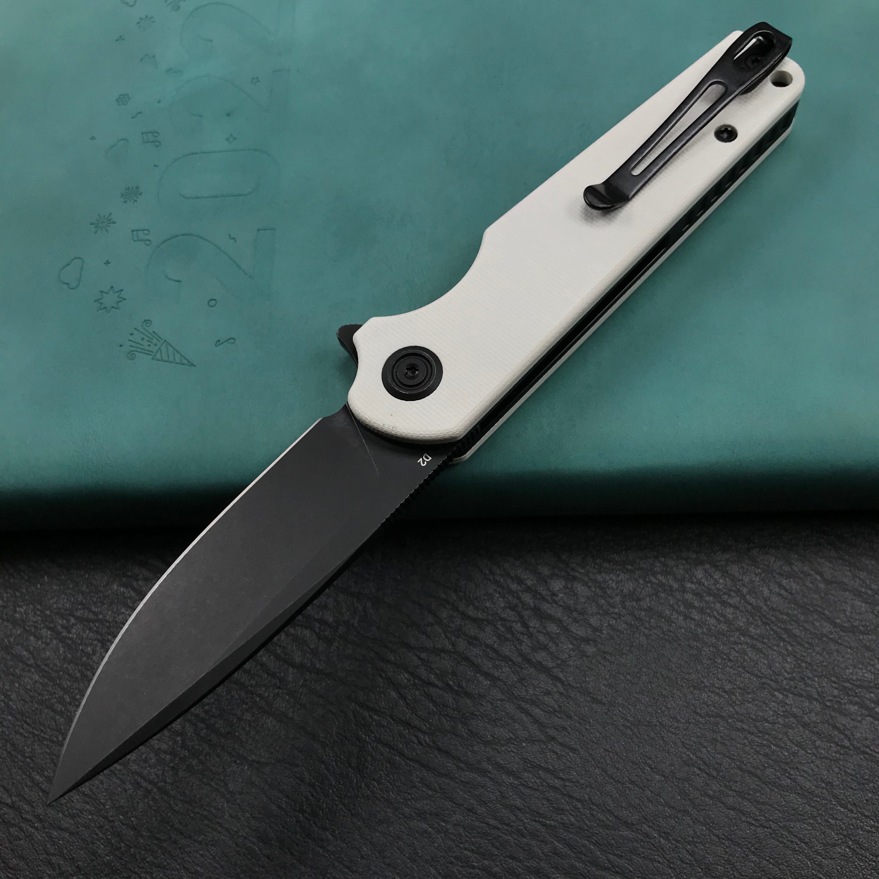 KUBEY KU233G EDC Wolverine Liner Lock Folding Pocket Knife White G10 Handle 2.95" Dark Stonewashed D2