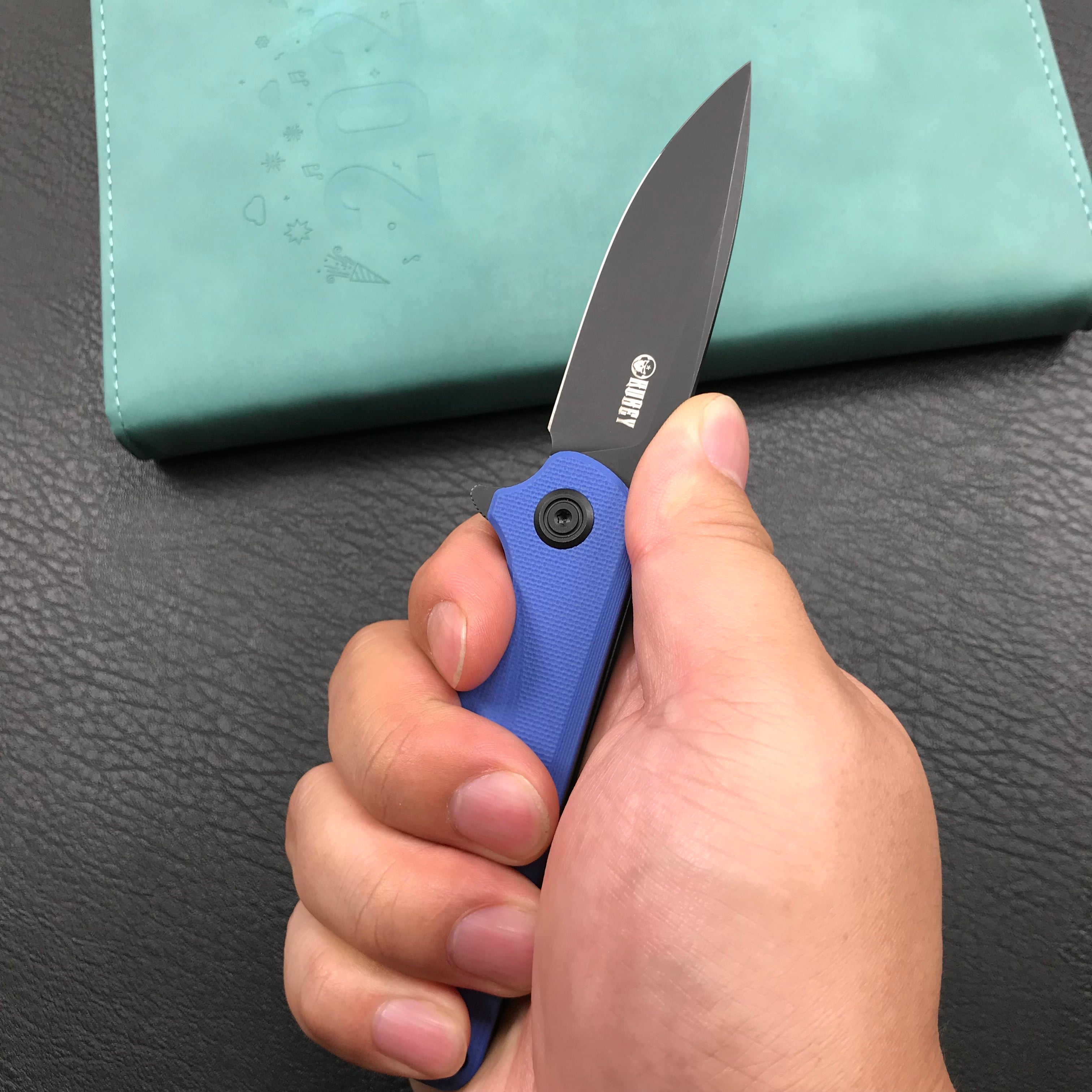 KUBEY KU233F EDC Wolverine Liner Lock Folding Pocket Knife  Blue G10 Handle 2.95" Dark Stonewashed D2