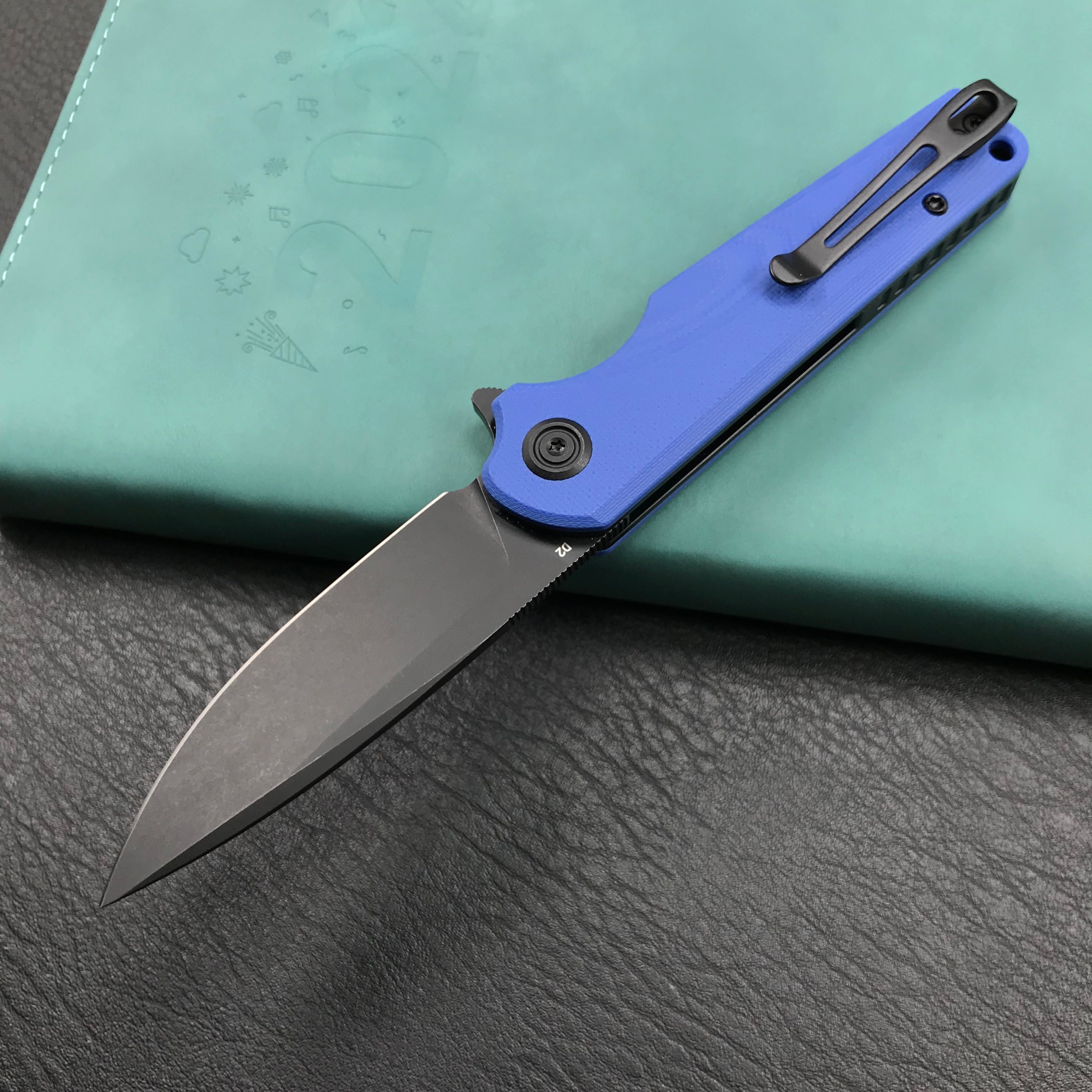 KUBEY KU233F EDC Wolverine Liner Lock Folding Pocket Knife  Blue G10 Handle 2.95" Dark Stonewashed D2