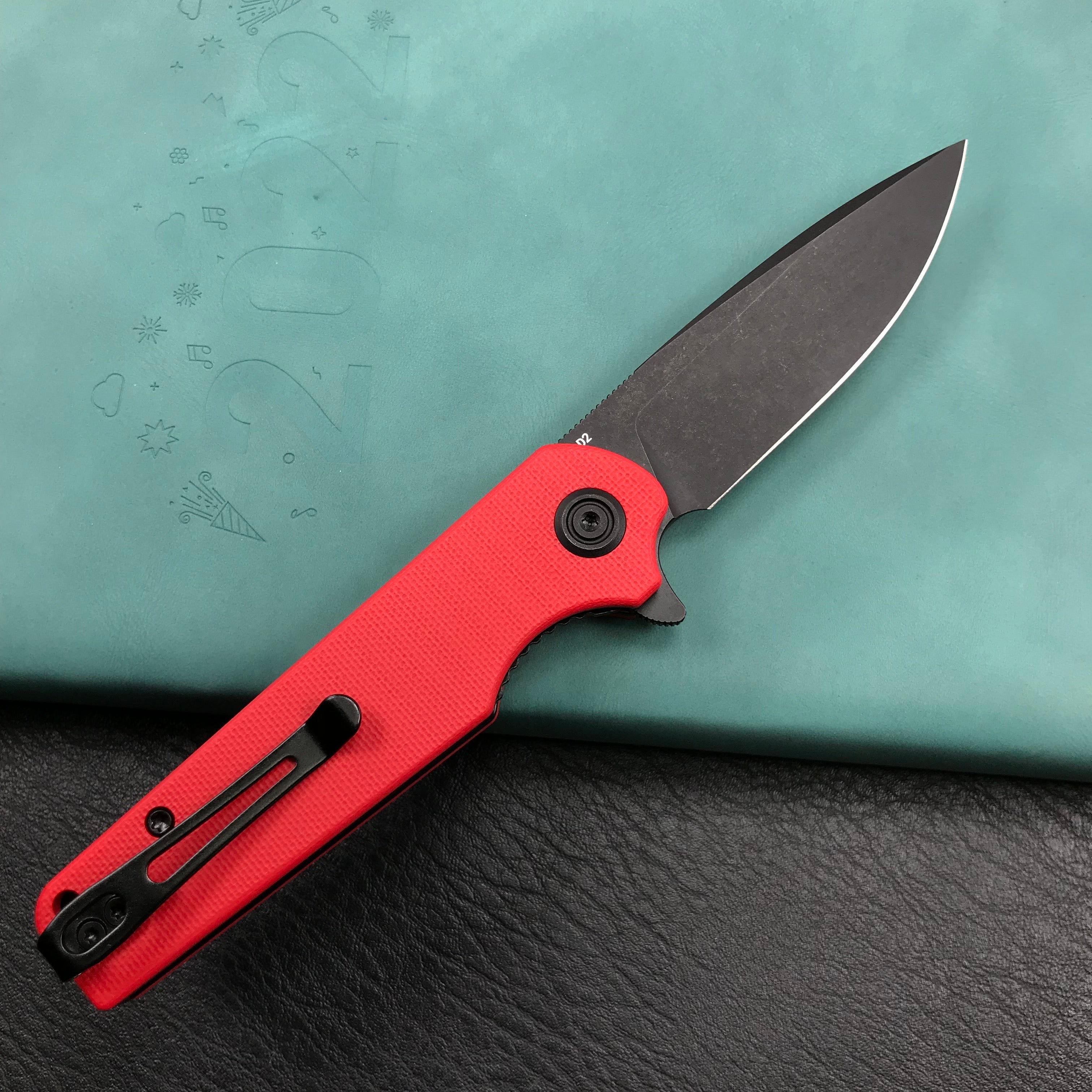 KUBEY KU233E EDC Wolverine Liner Lock Folding Pocket Knife Red G10 Handle 2.95" Dark Stonewashed D2