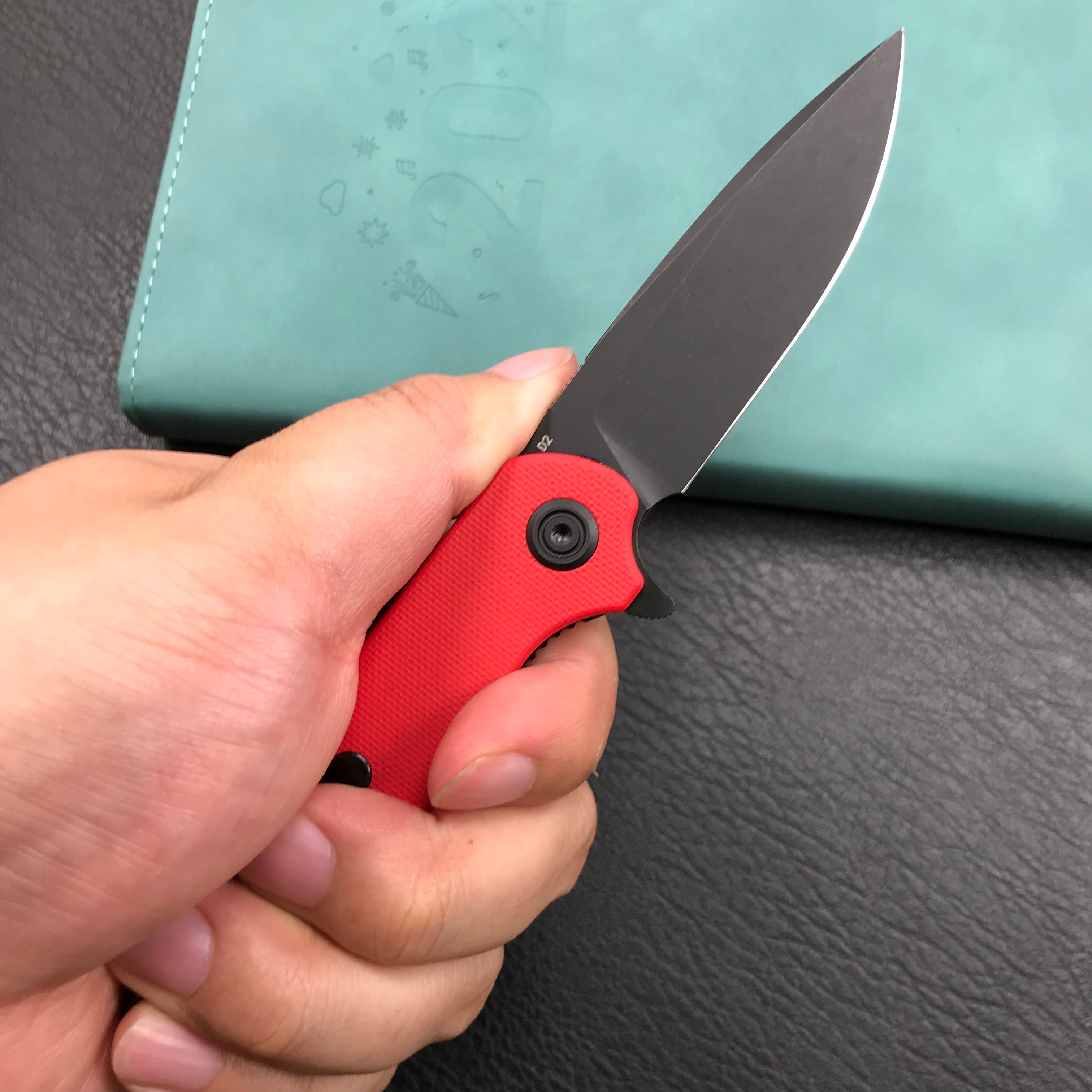 KUBEY KU233E EDC Wolverine Liner Lock Folding Pocket Knife Red G10 Handle 2.95" Dark Stonewashed D2