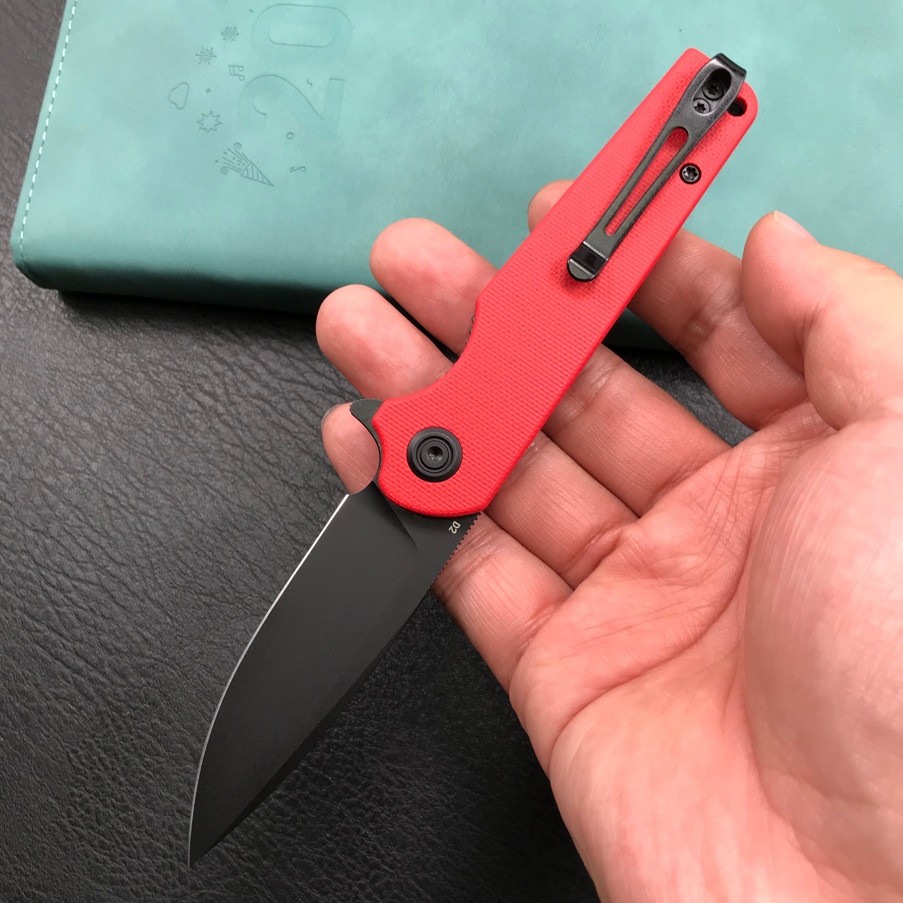 KUBEY KU233E EDC Wolverine Liner Lock Folding Pocket Knife Red G10 Handle 2.95" Dark Stonewashed D2