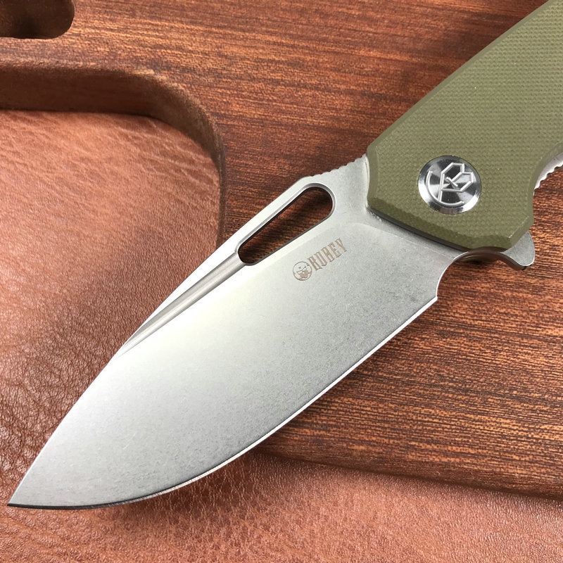 KUBEY KU322B Liner Lock Flipper Folding Knife Green G10 Handle 3.39" Blasted Stonewashed  D2