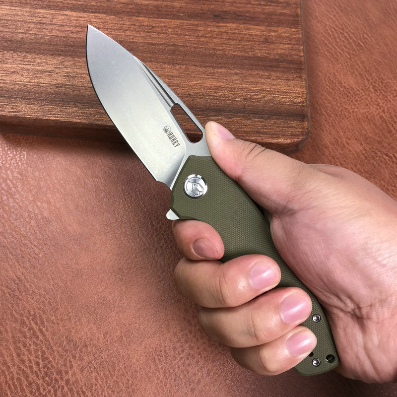 KUBEY KU322B Liner Lock Flipper Folding Knife Green G10 Handle 3.39" Blasted Stonewashed  D2