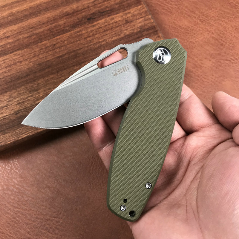 KUBEY KU322B Liner Lock Flipper Folding Knife Green G10 Handle 3.39" Blasted Stonewashed  D2