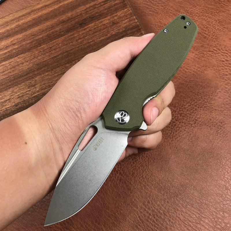 KUBEY KU322B Liner Lock Flipper Folding Knife Green G10 Handle 3.39" Blasted Stonewashed  D2