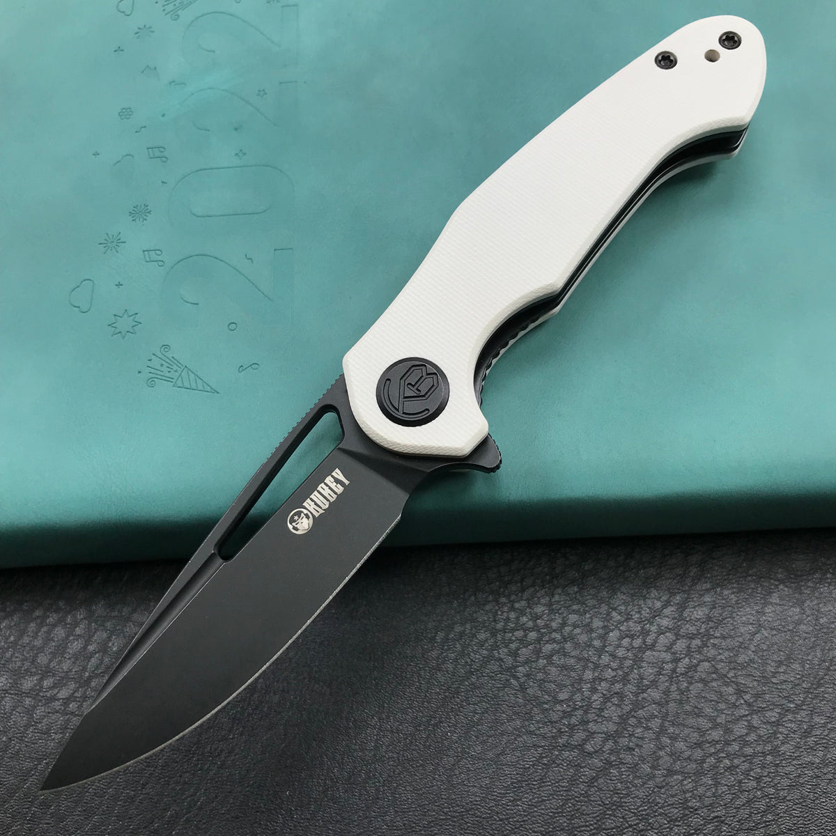 KUBEY KU210G Dugu Liner Lock Folding Knife White  G10 Handle 2.91'' Dark Stonewahsed 14C28N