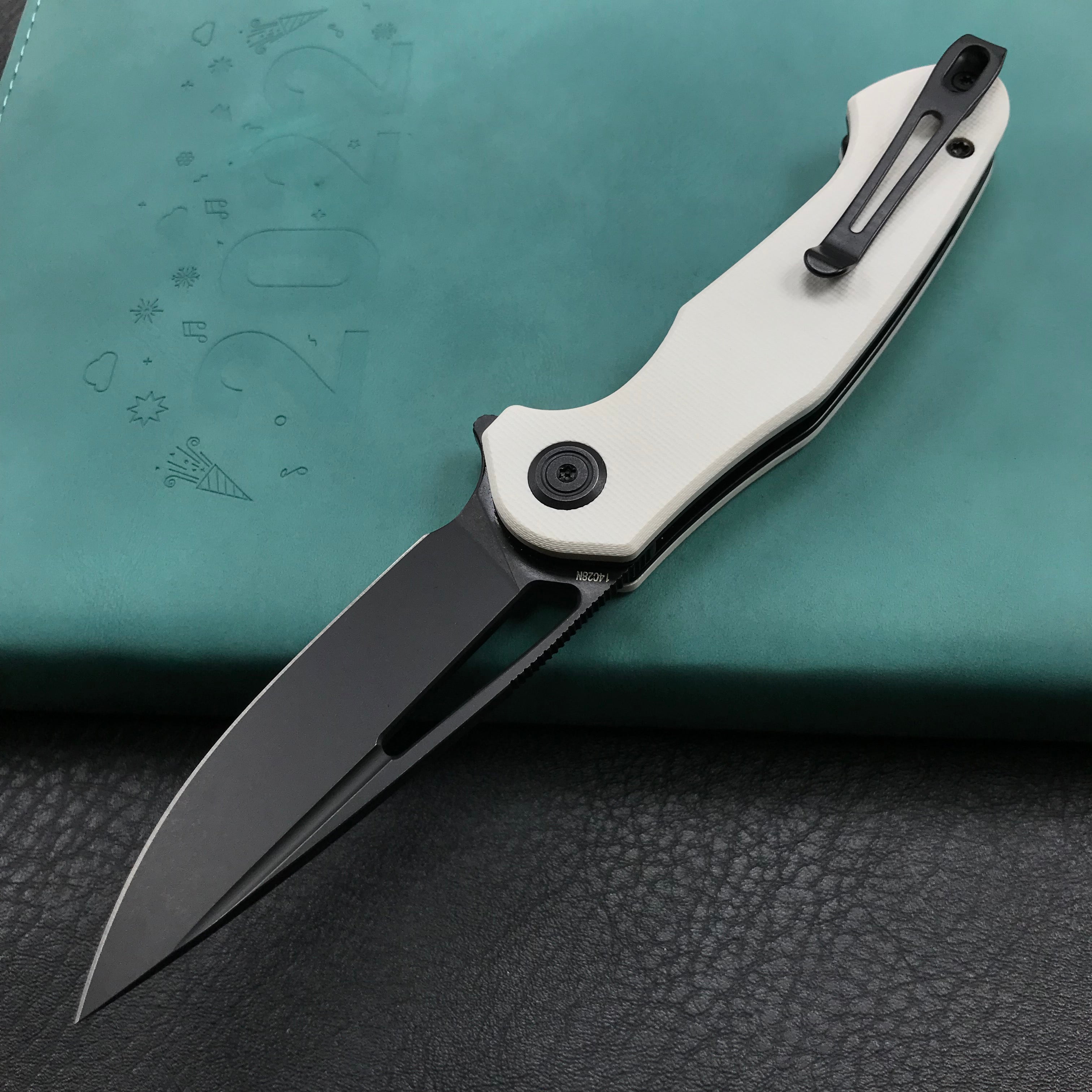 KUBEY KU210G Dugu Liner Lock Folding Knife White  G10 Handle 2.91'' Dark Stonewahsed 14C28N