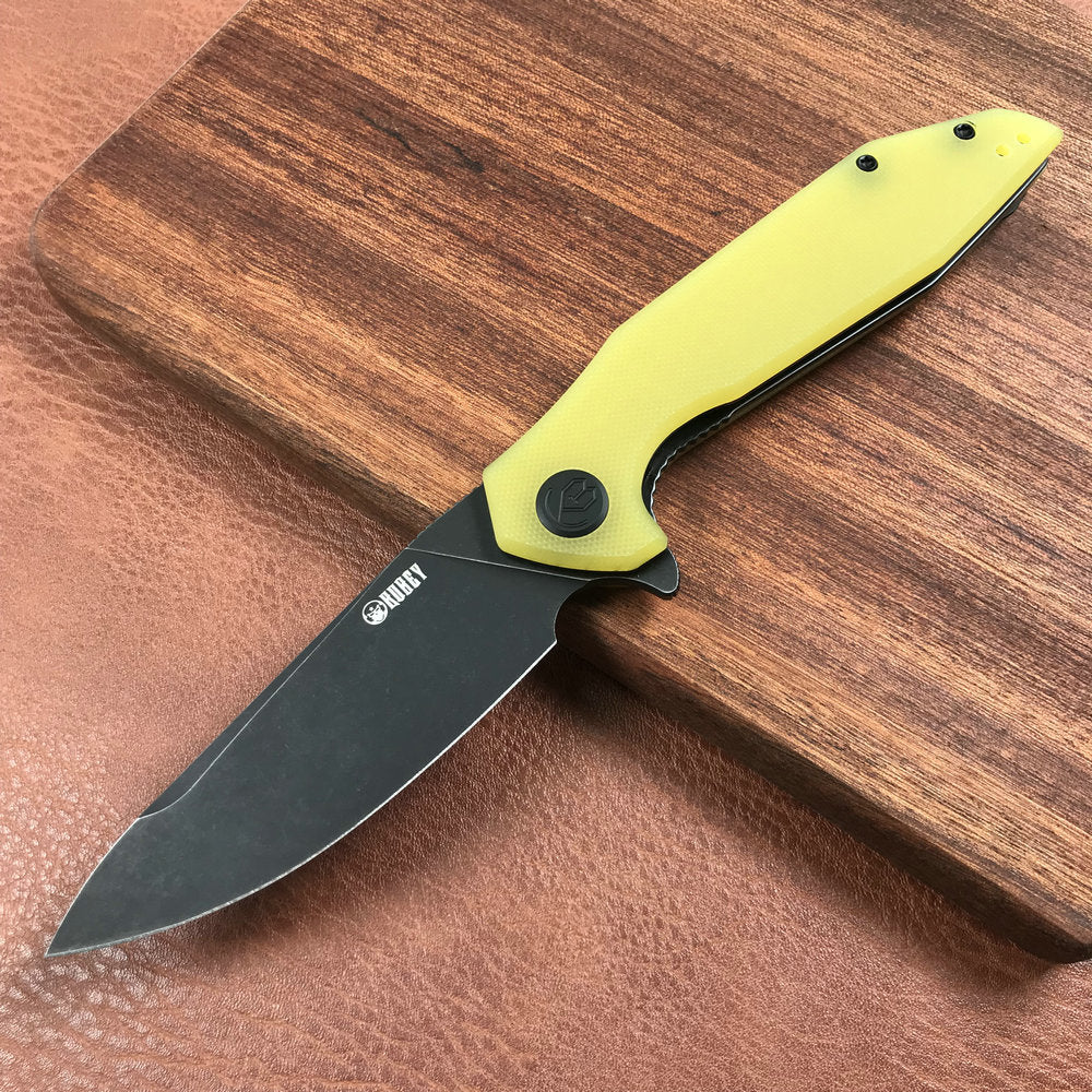 KUBEY KU117C Nova Liner Lock Flipper Folding Pocket Knife Yellow G10 Handle 3.62" Dark Stonewahsed D2