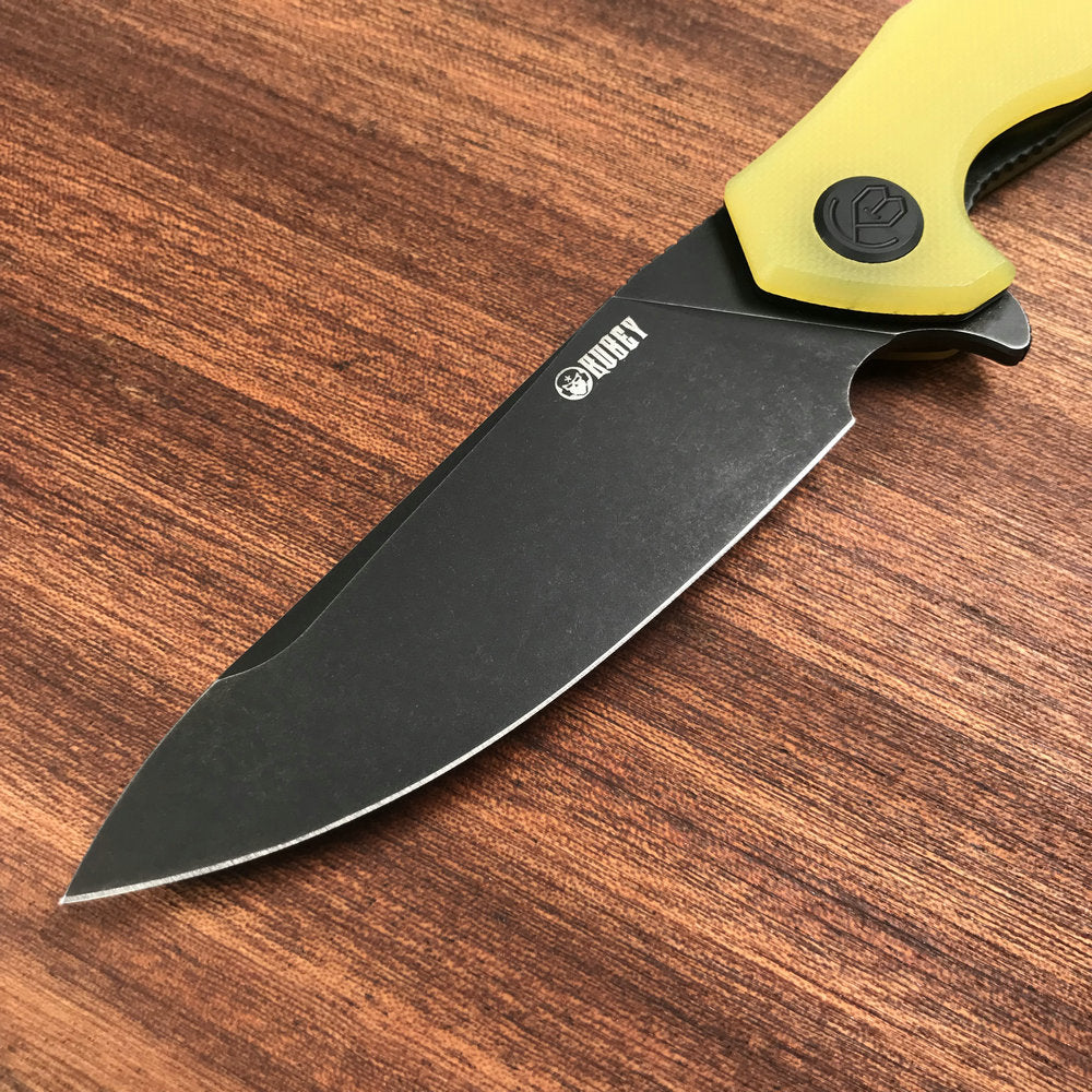 KUBEY KU117C Nova Liner Lock Flipper Folding Pocket Knife Yellow G10 Handle 3.62" Dark Stonewahsed D2